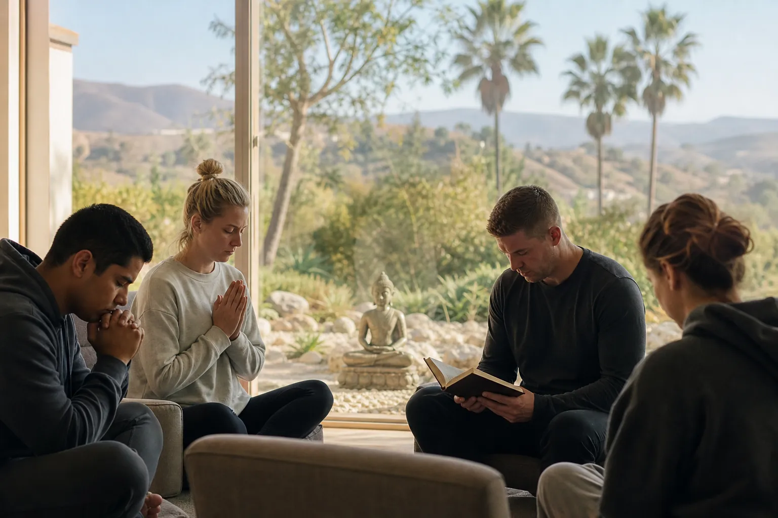 Religious observance during residential rehab in California Four adults pray and read together beside a Buddha statue in a bright room overlooking palm trees and California hills.