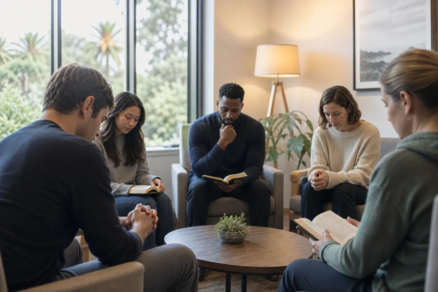 Religious Group Session in a Residential Program Five adults sit in a circle with bowed heads and open books during a quiet religious group session.