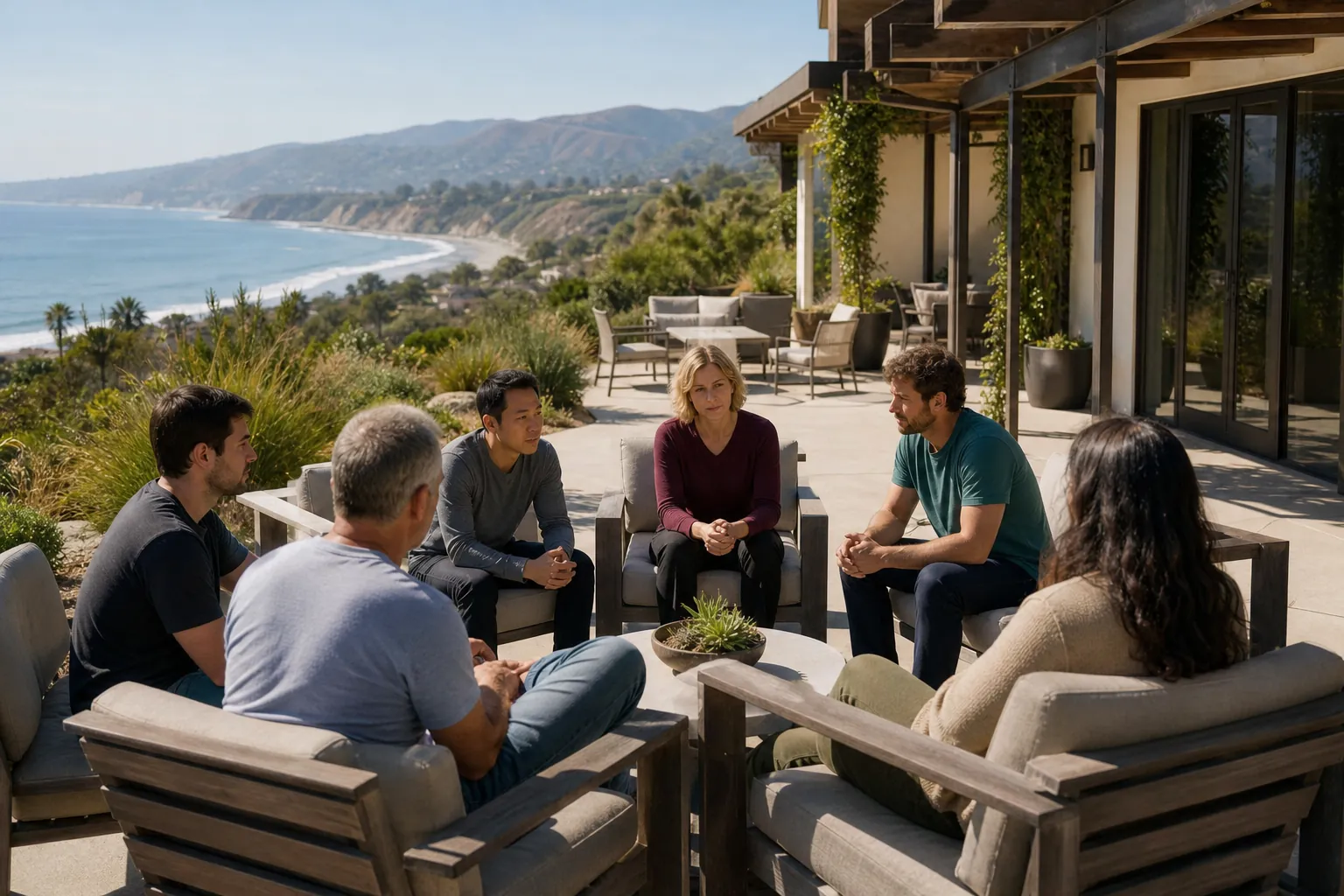 Six adults sit in a circle on cushioned patio chairs beside a coastal building, with ocean views and hills behind them.