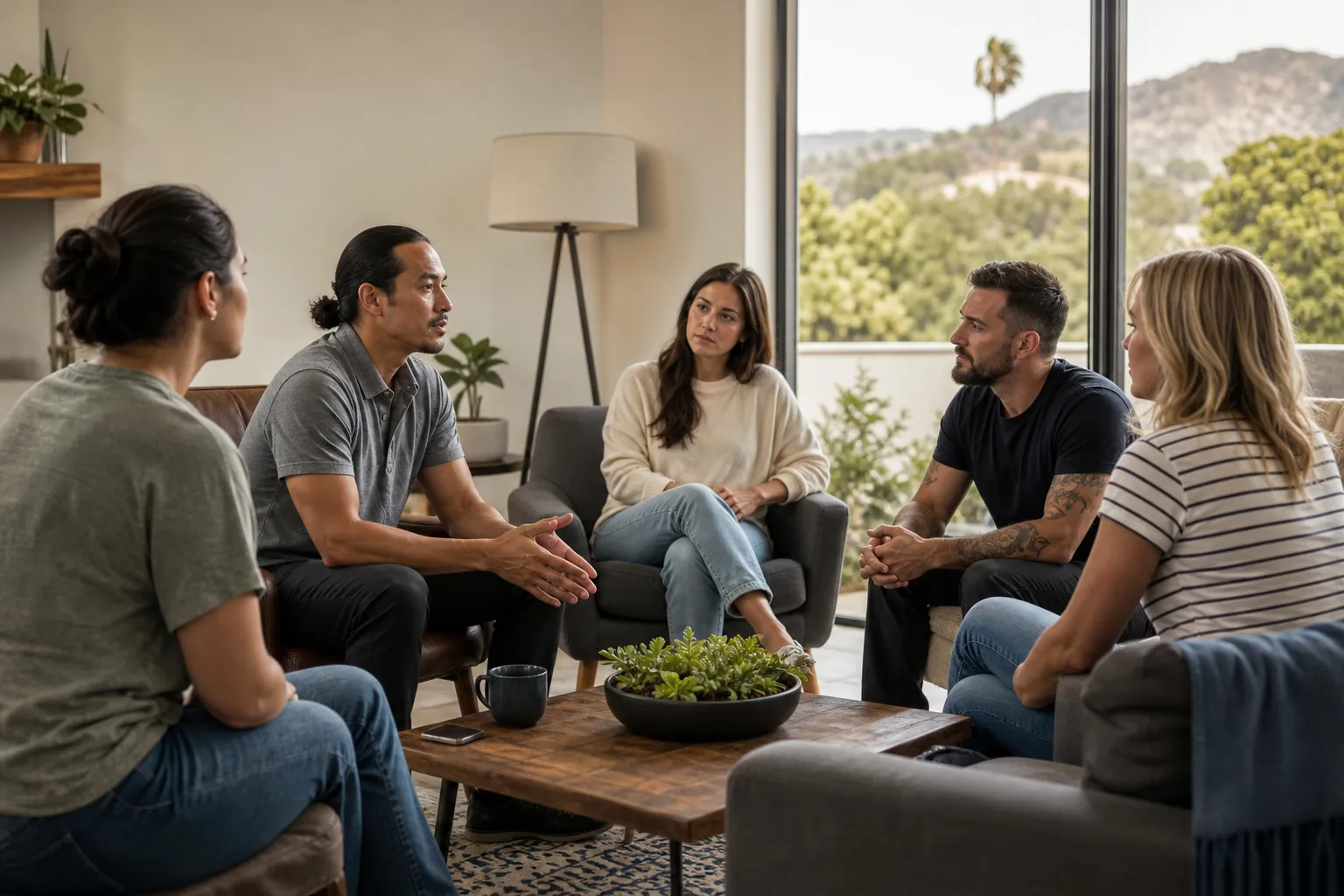 Five adults sit in a circle around a wooden coffee table in a bright lounge with large windows overlooking trees and hills.