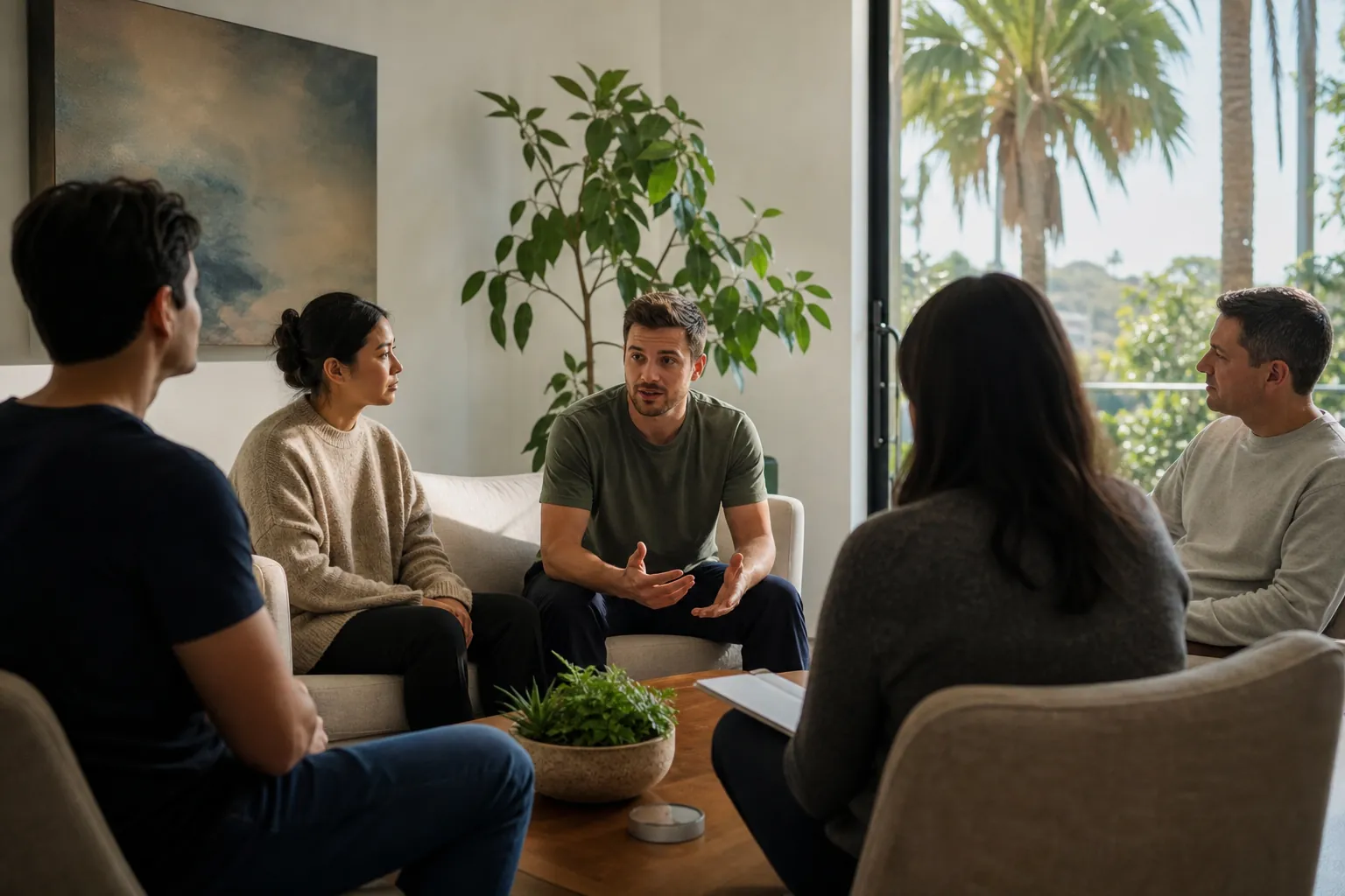 Five adults sit in a circle in a bright lounge as a man gestures while speaking, with plants and palm trees nearby.