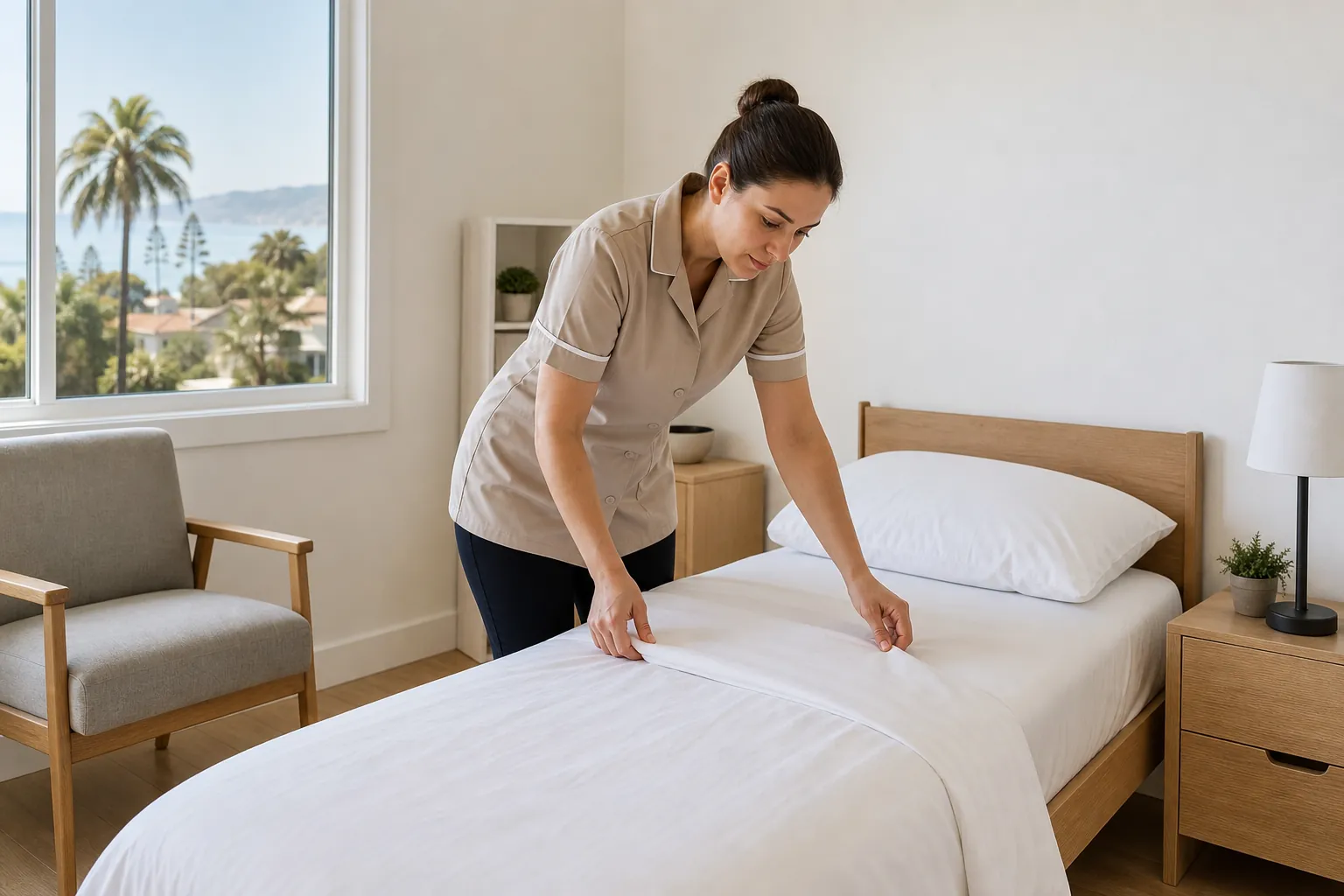 A uniformed cleaner smooths white bedding on a single bed in a bright, tidy residential bedroom.