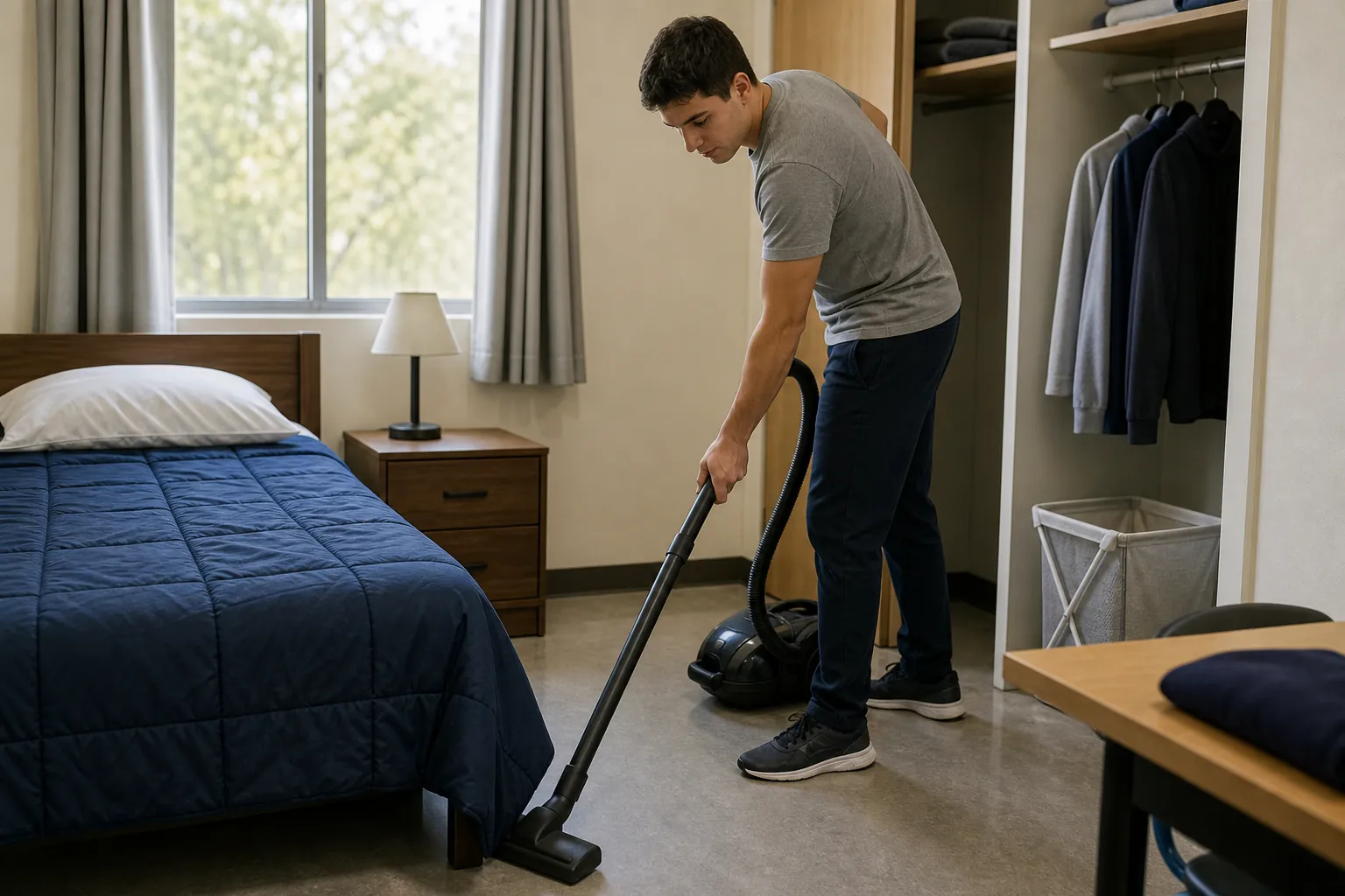 A man vacuums the floor beside a neatly made bed and open wardrobe in a clean residential bedroom.