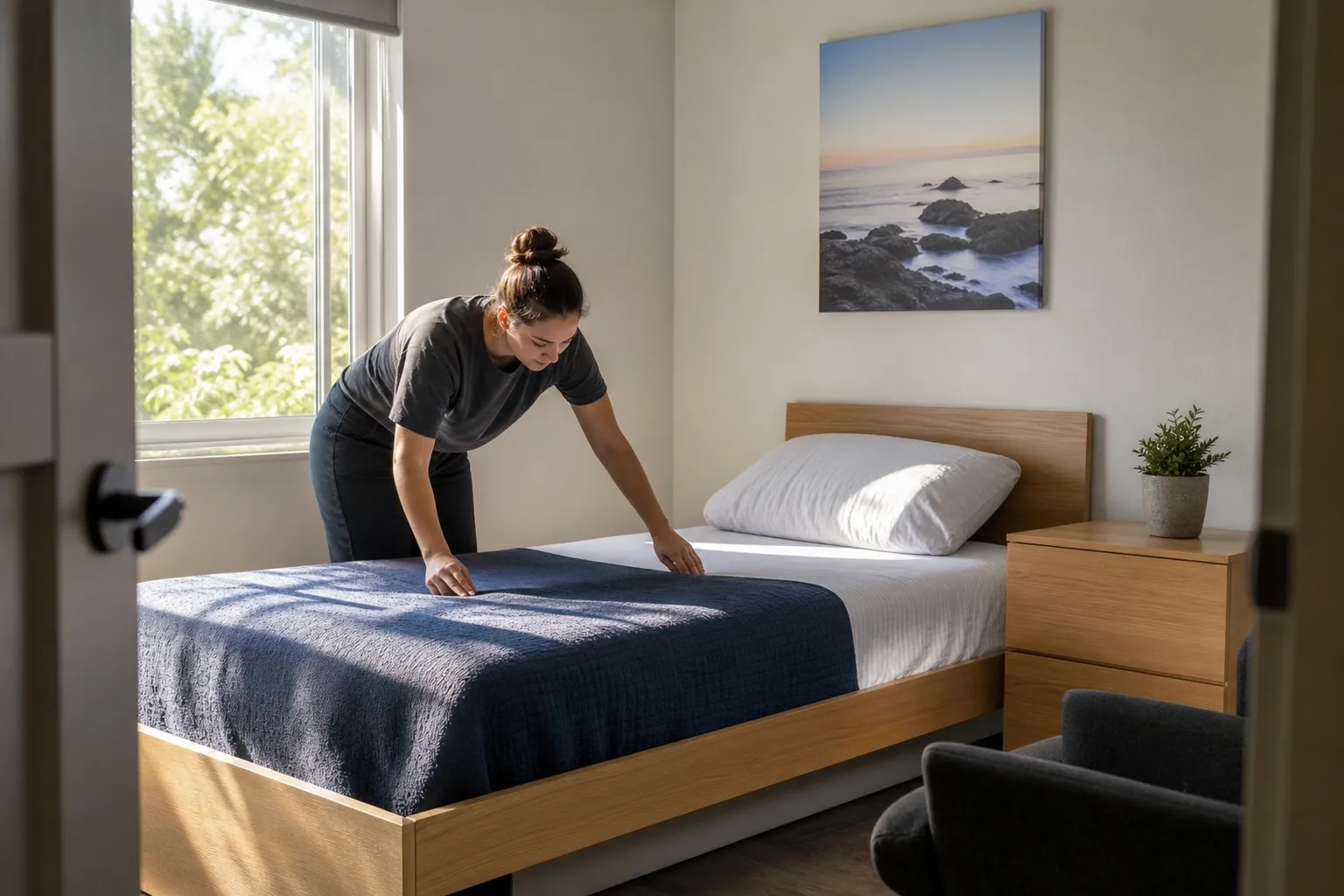 A woman smooths a navy blanket on a neatly arranged bed in a bright, simple residential bedroom.