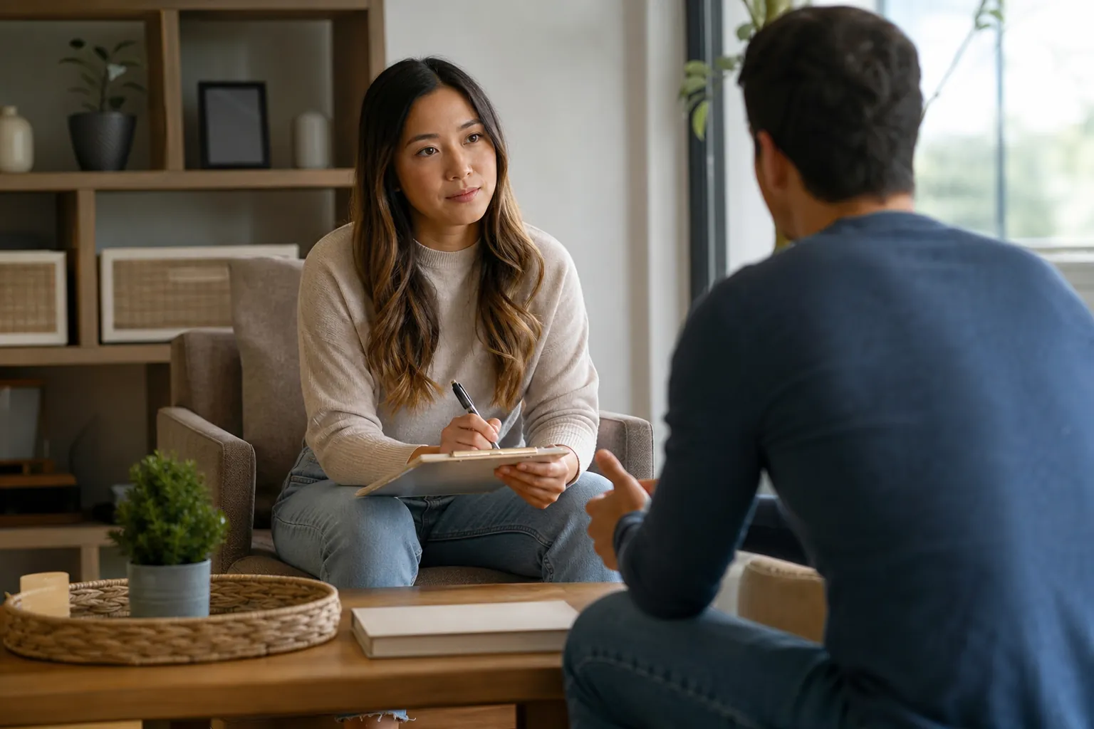 A woman with a pen and clipboard speaks with a seated man in a comfortable counseling office.