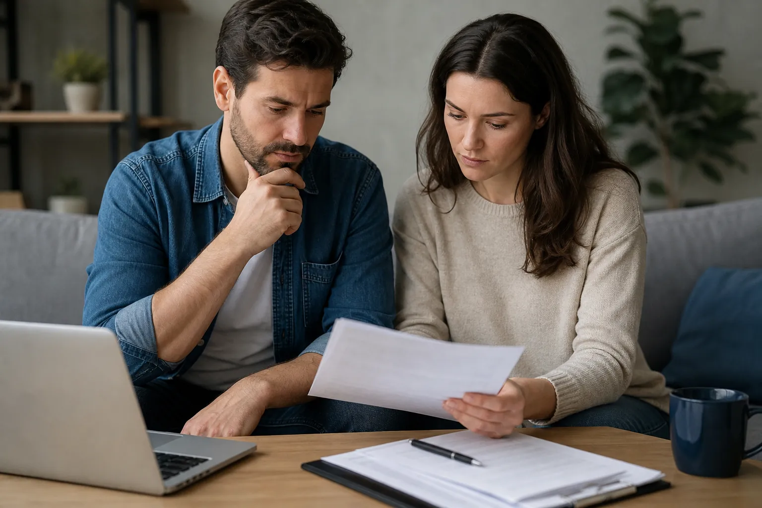 A man and woman seated on a sofa review paperwork beside a laptop, clipboard, pen, and mug on a coffee table.