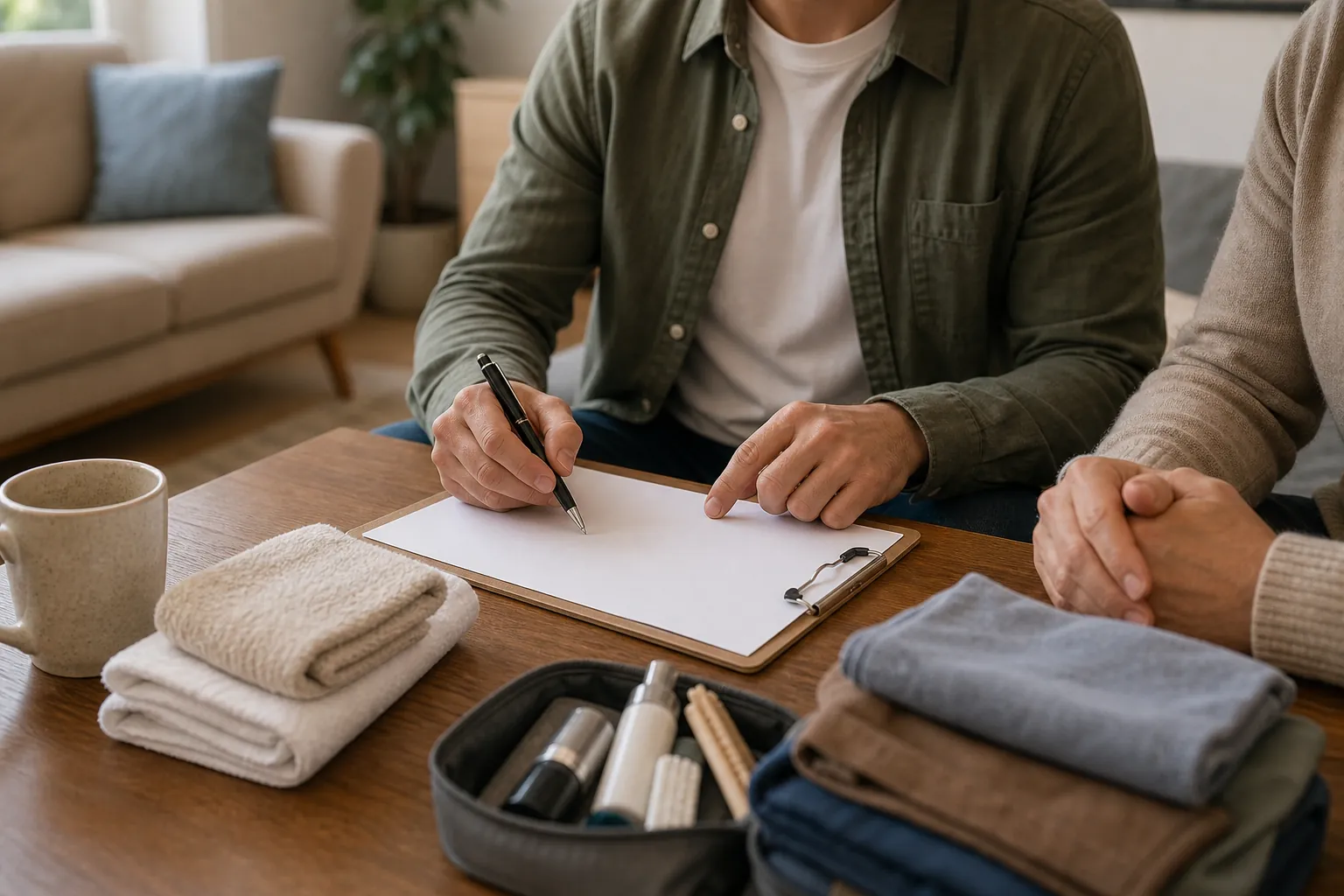 Two people review a blank form beside folded clothes, towels, toiletries, and a mug on a table.