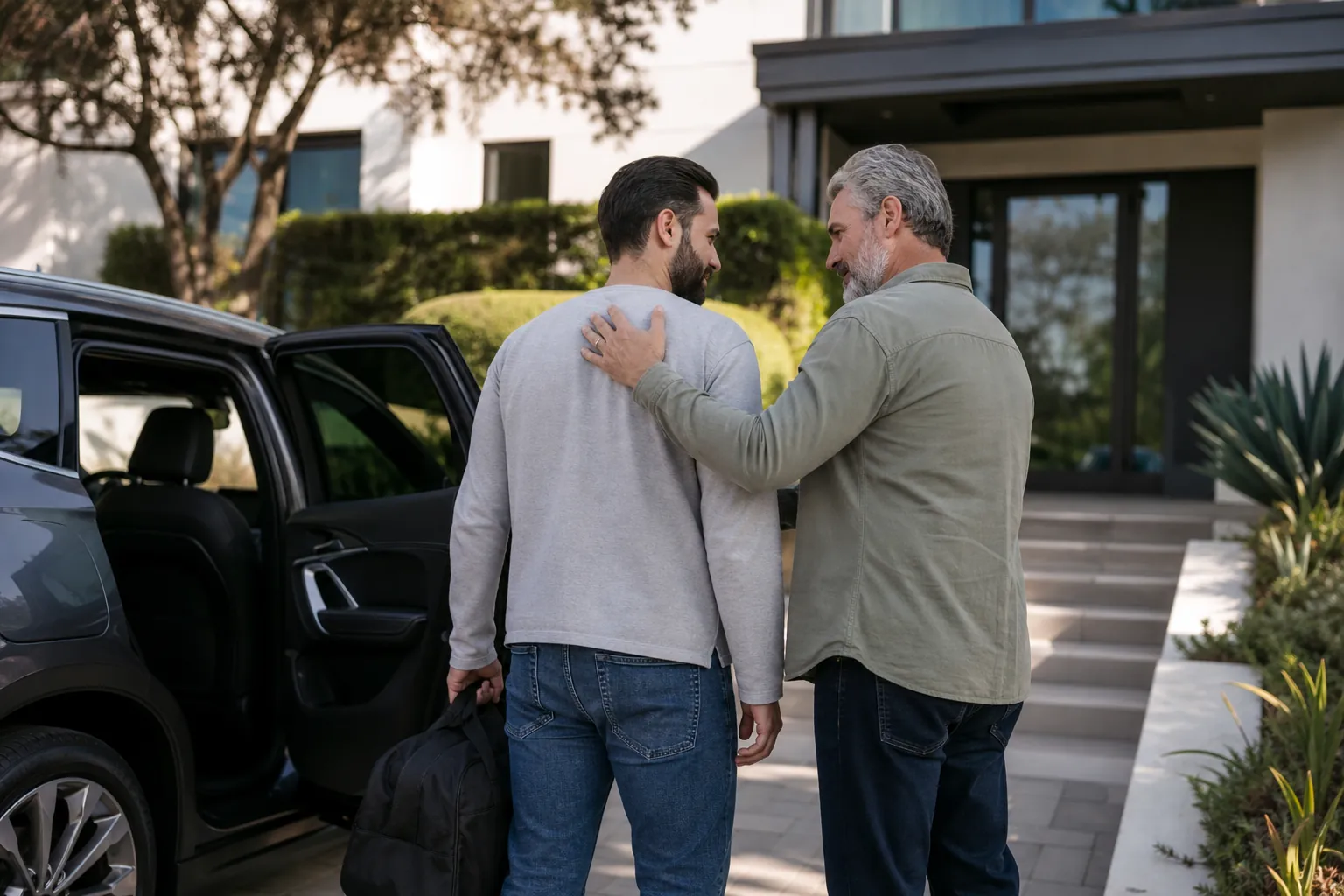 An older man rests a hand on a younger man's shoulder beside an open car door as the younger man carries a black bag.