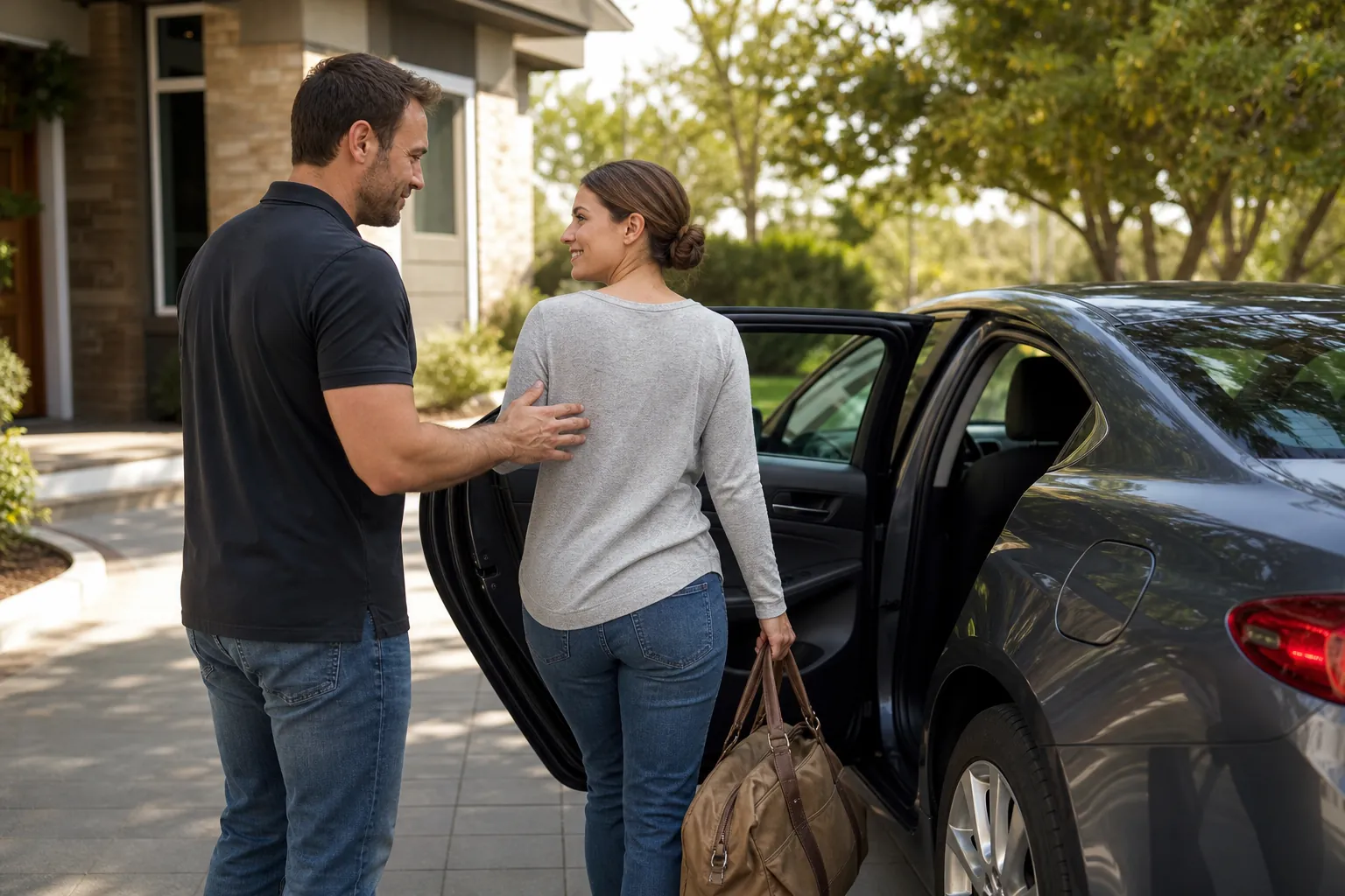 A man rests his hand on a woman's back as she carries a brown bag beside an open rear door of a gray sedan.