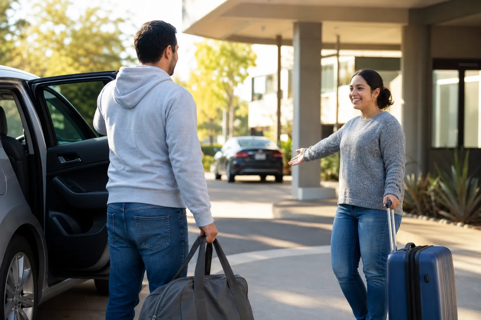 A man carrying a duffel bag stands beside an open car door as a woman with a blue rolling suitcase gestures outside a building.