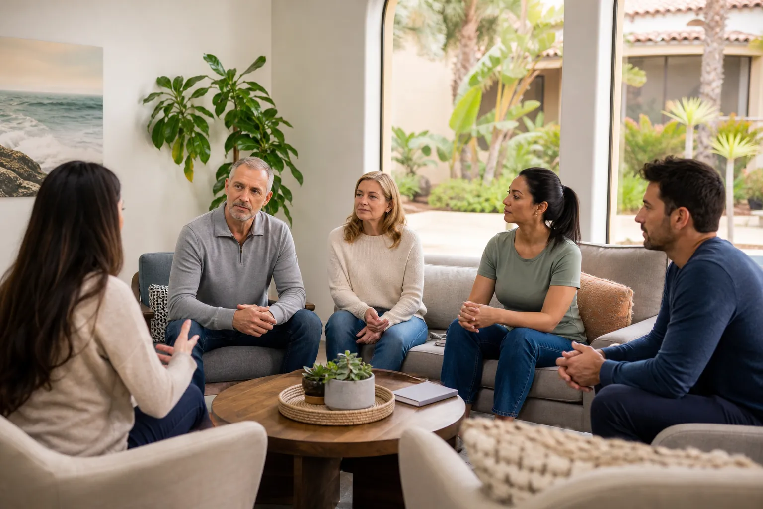 Small Group Discussion in a Bright Lounge Five adults sit in a circle around a wooden coffee table in a bright lounge with plants and large windows.