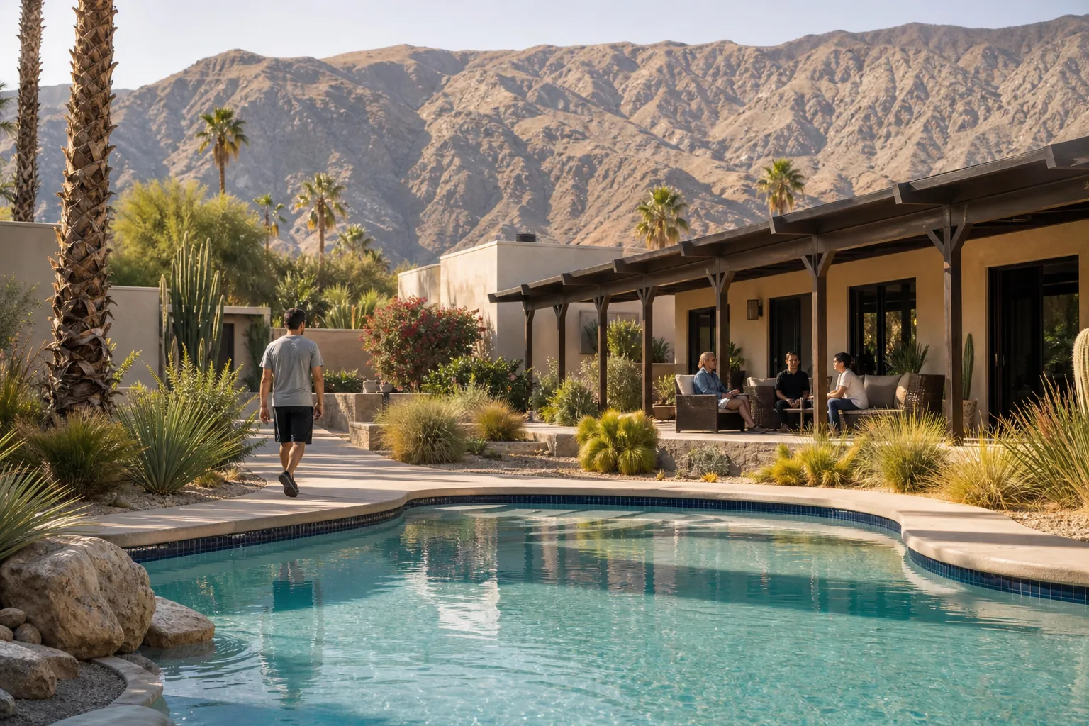 A person walks beside a courtyard pool while three people sit on a shaded patio, with desert plants and mountains beyond.