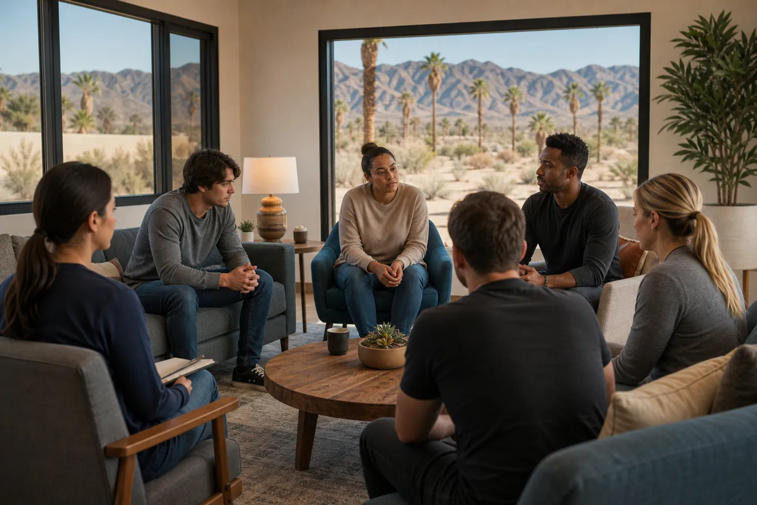 Six adults sit in a discussion circle around a wooden coffee table, with desert mountains and palm trees outside large windows.