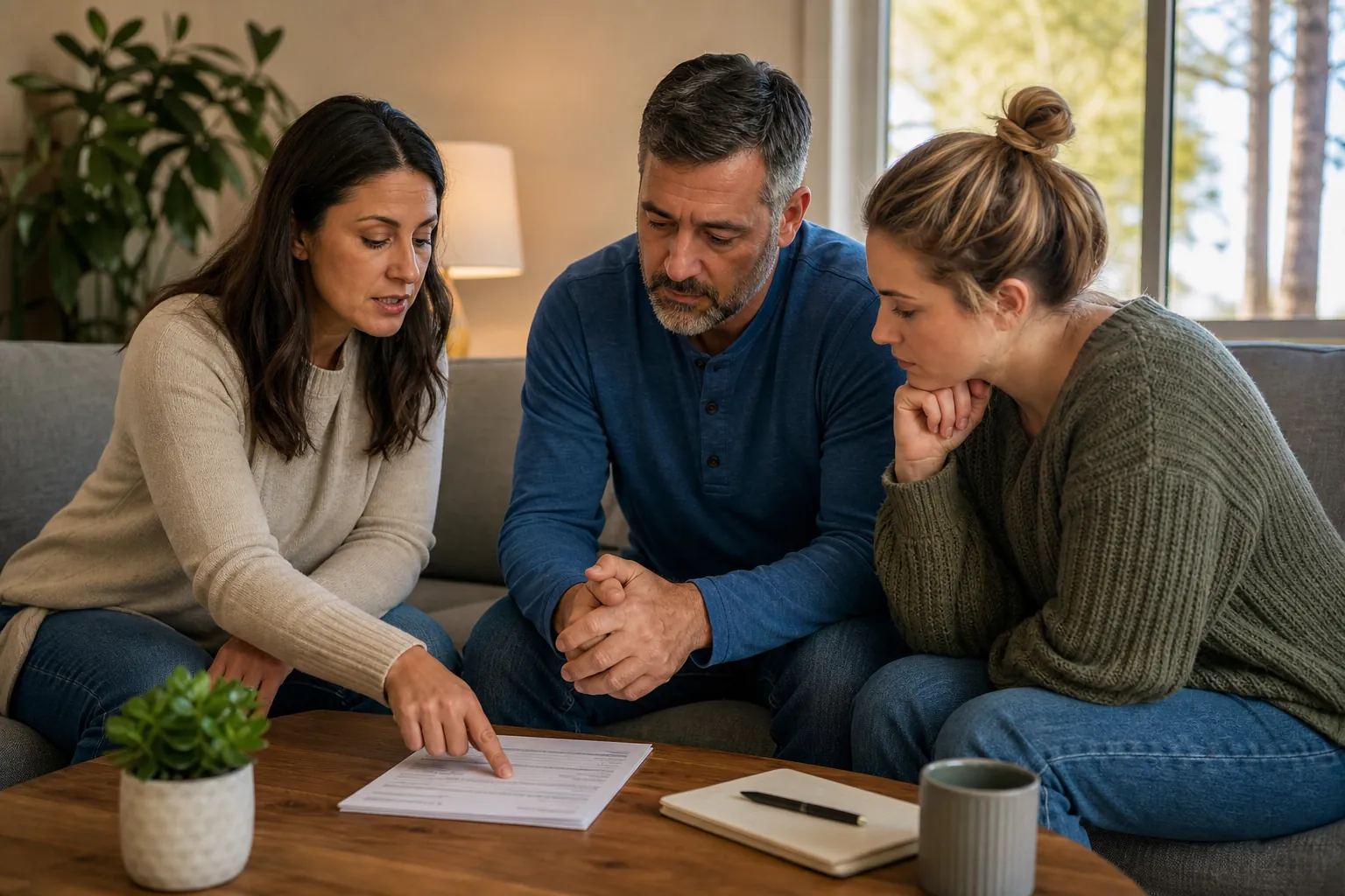 Three adults reviewing treatment paperwork together Three adults review a document together on a coffee table, with a notebook, pen, mug, and potted plant nearby.