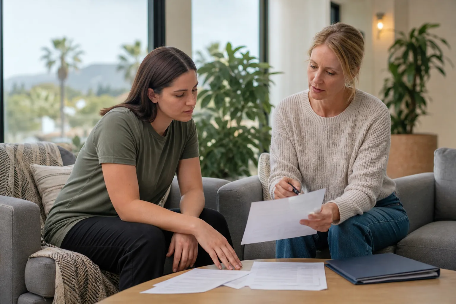 Women Reviewing Paperwork During a Counseling Session Two women seated in a counseling room review paperwork together at a coffee table, with a folder and documents nearby.