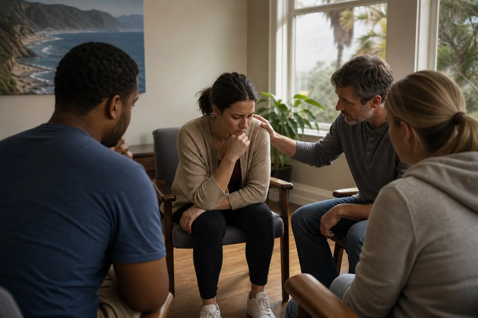 Supportive group discussion during residential treatment Four adults sit in a counseling circle as one man comforts a distressed woman in a residential treatment setting.