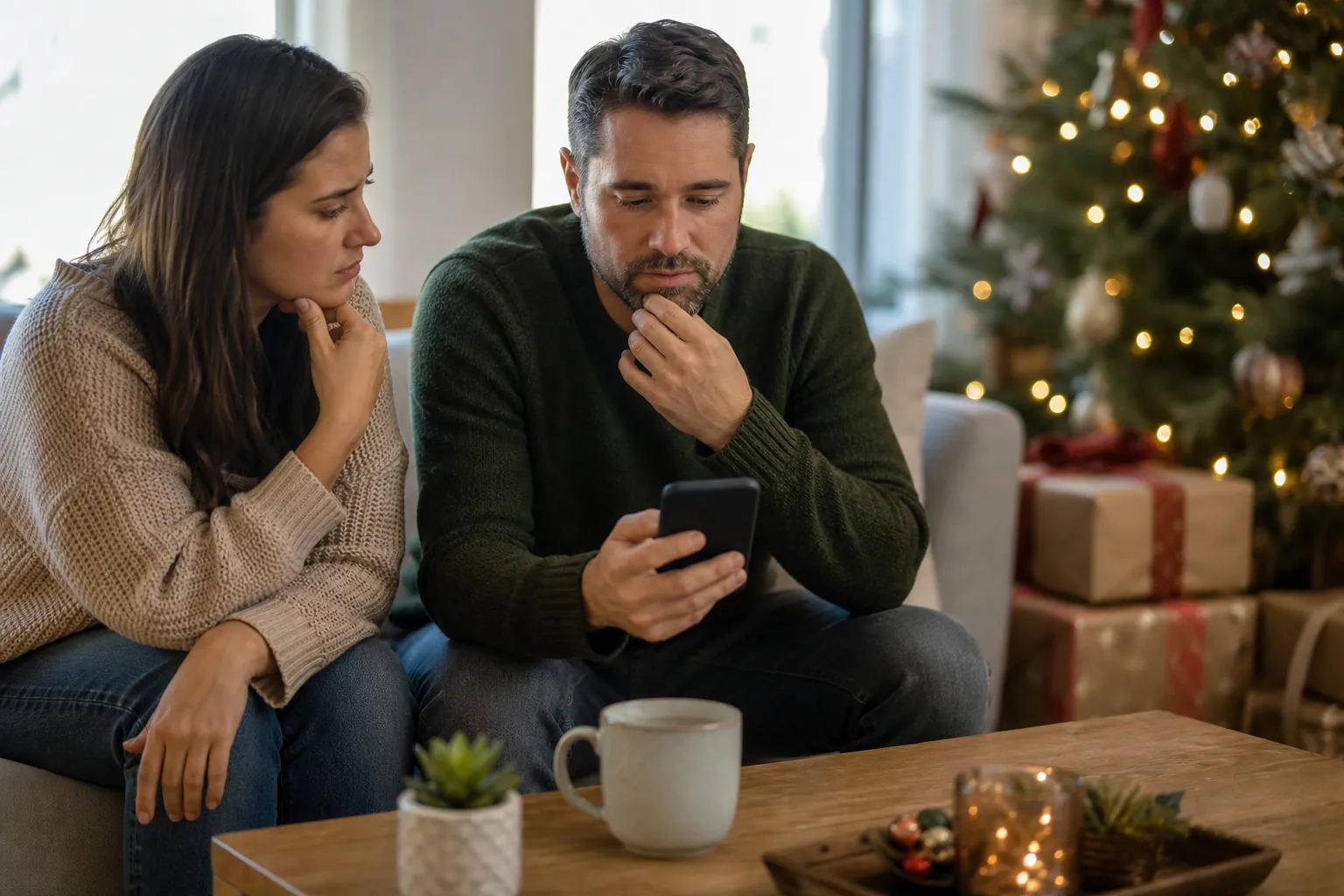 Concerned couple reviews a smartphone together beside a decorated Christmas tree and wrapped holiday gifts.