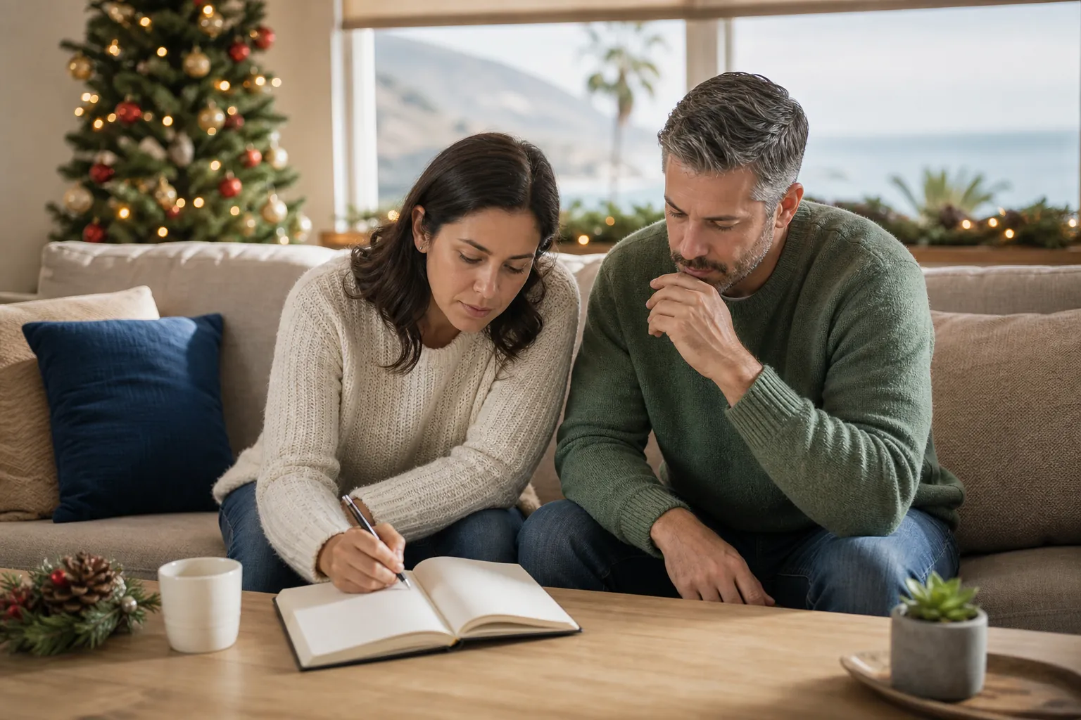 A couple reviews and writes in an open notebook beside a decorated Christmas tree in a coastal California home.