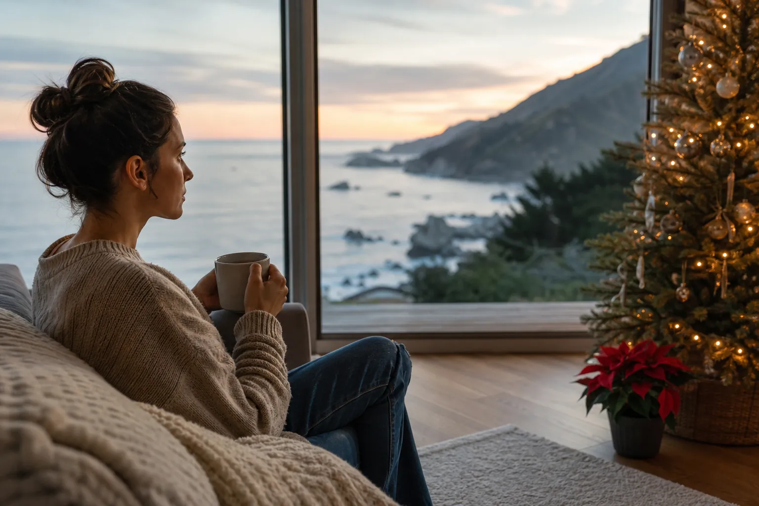 Woman holding a mug beside a Christmas tree while looking through a window at the California coast