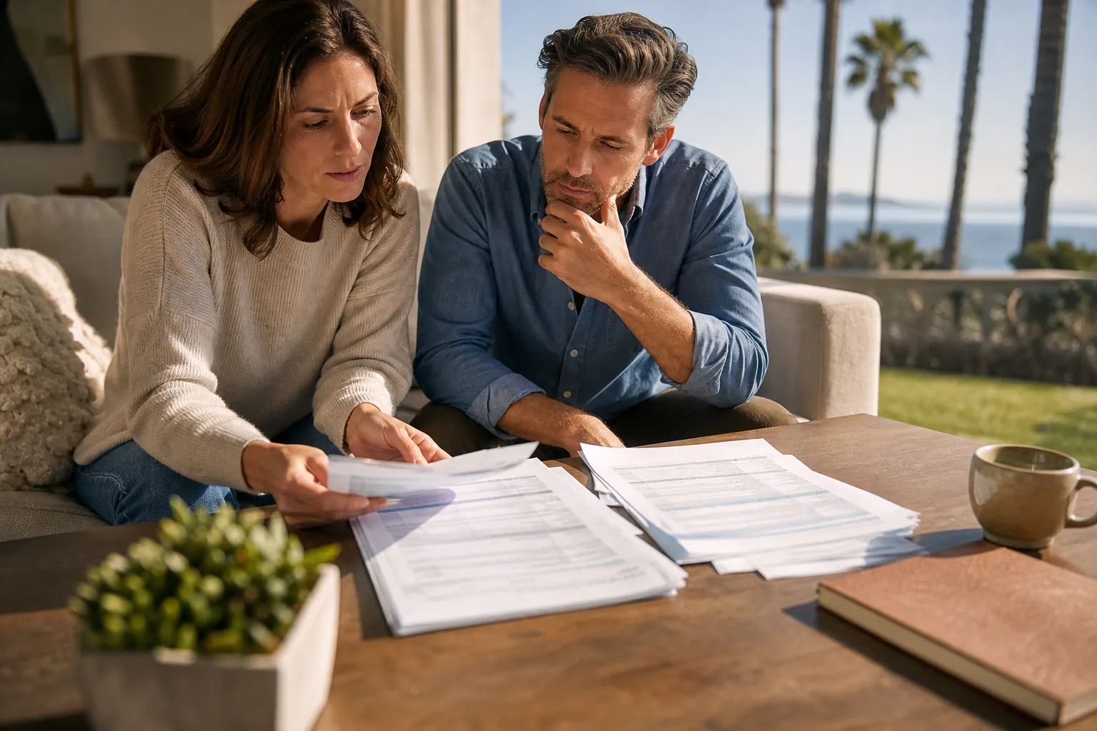 A concerned couple reviews stacks of billing documents at a coffee table in a coastal California home.