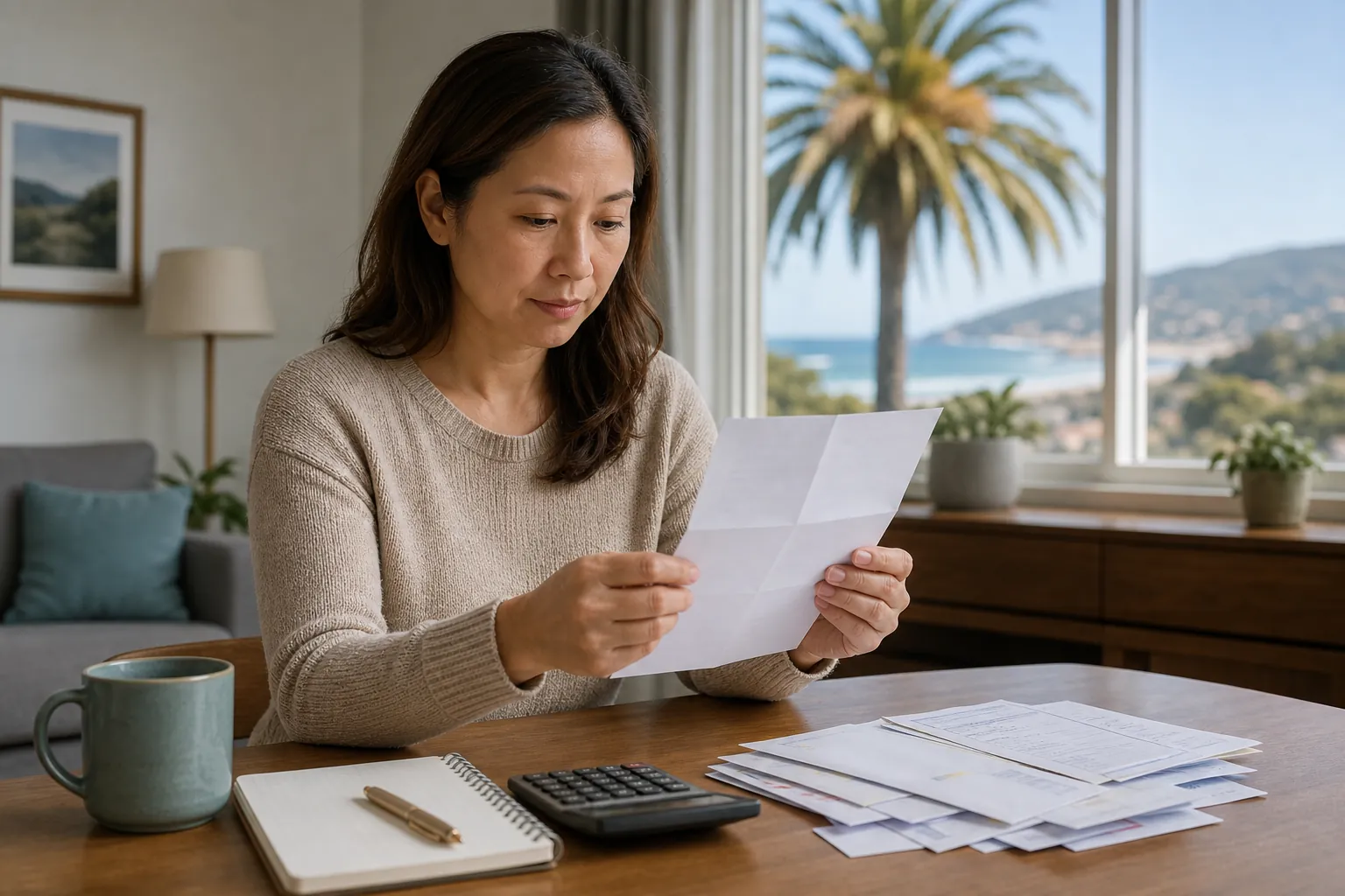 Woman reviewing a paper bill at a table with a calculator, notebook, and stack of billing documents.