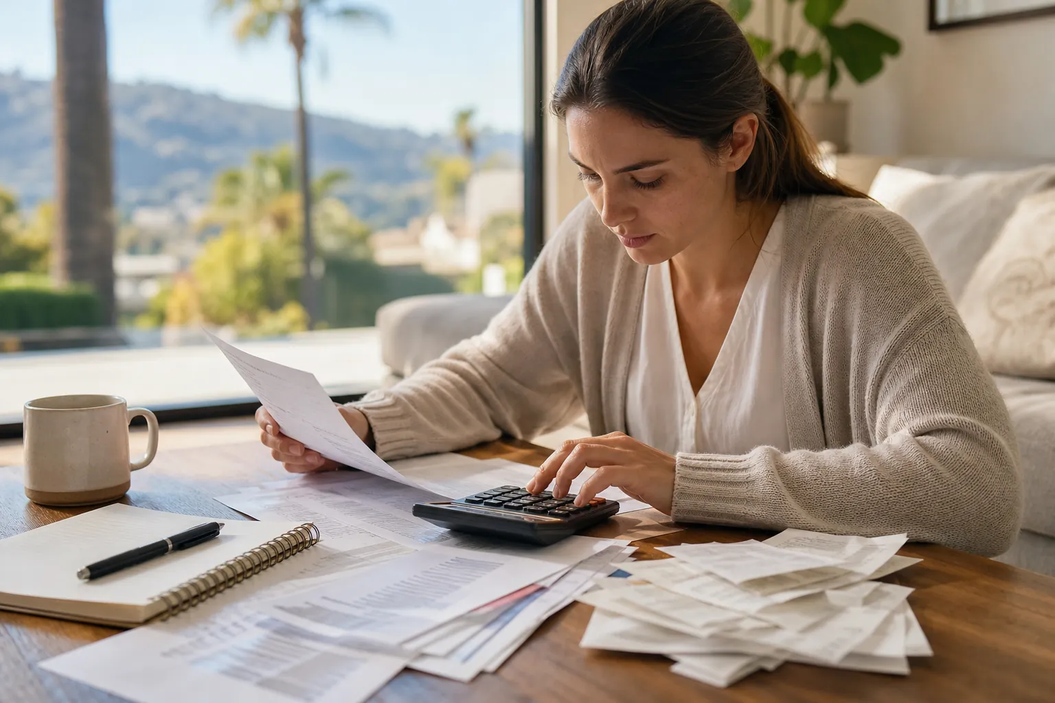 Woman reviewing bills and receipts with a calculator at a table in a bright home overlooking palm trees