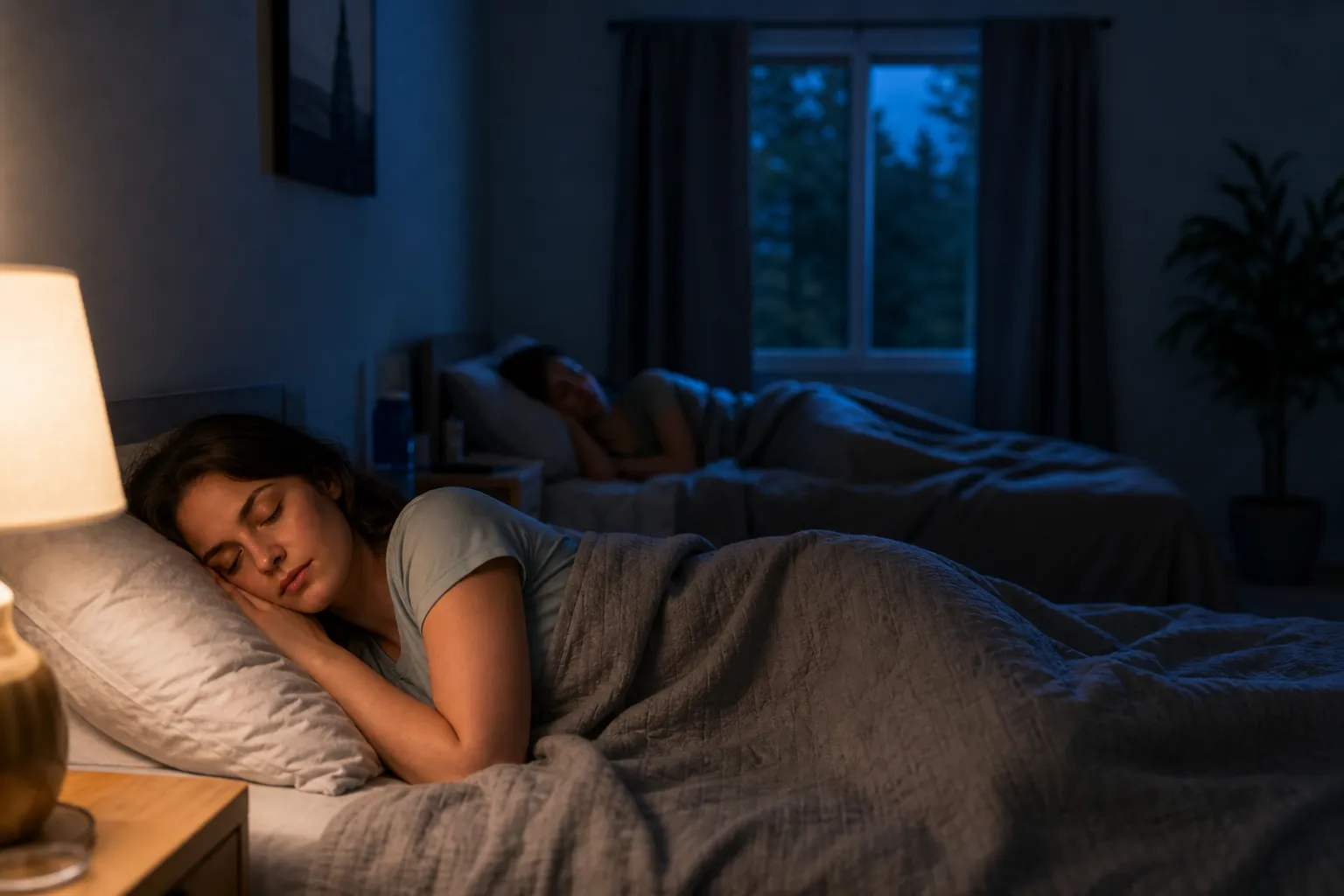 Two people sleep in separate beds in a dark shared bedroom, with one bedside lamp glowing during nighttime quiet hours.