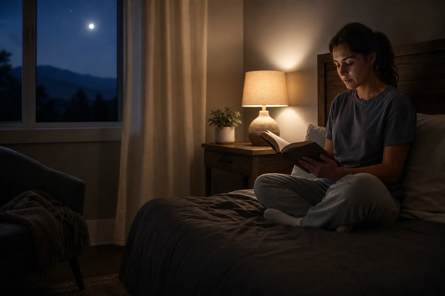 A woman sits cross-legged on a bed reading beside a warm lamp, with moonlight visible through the window.