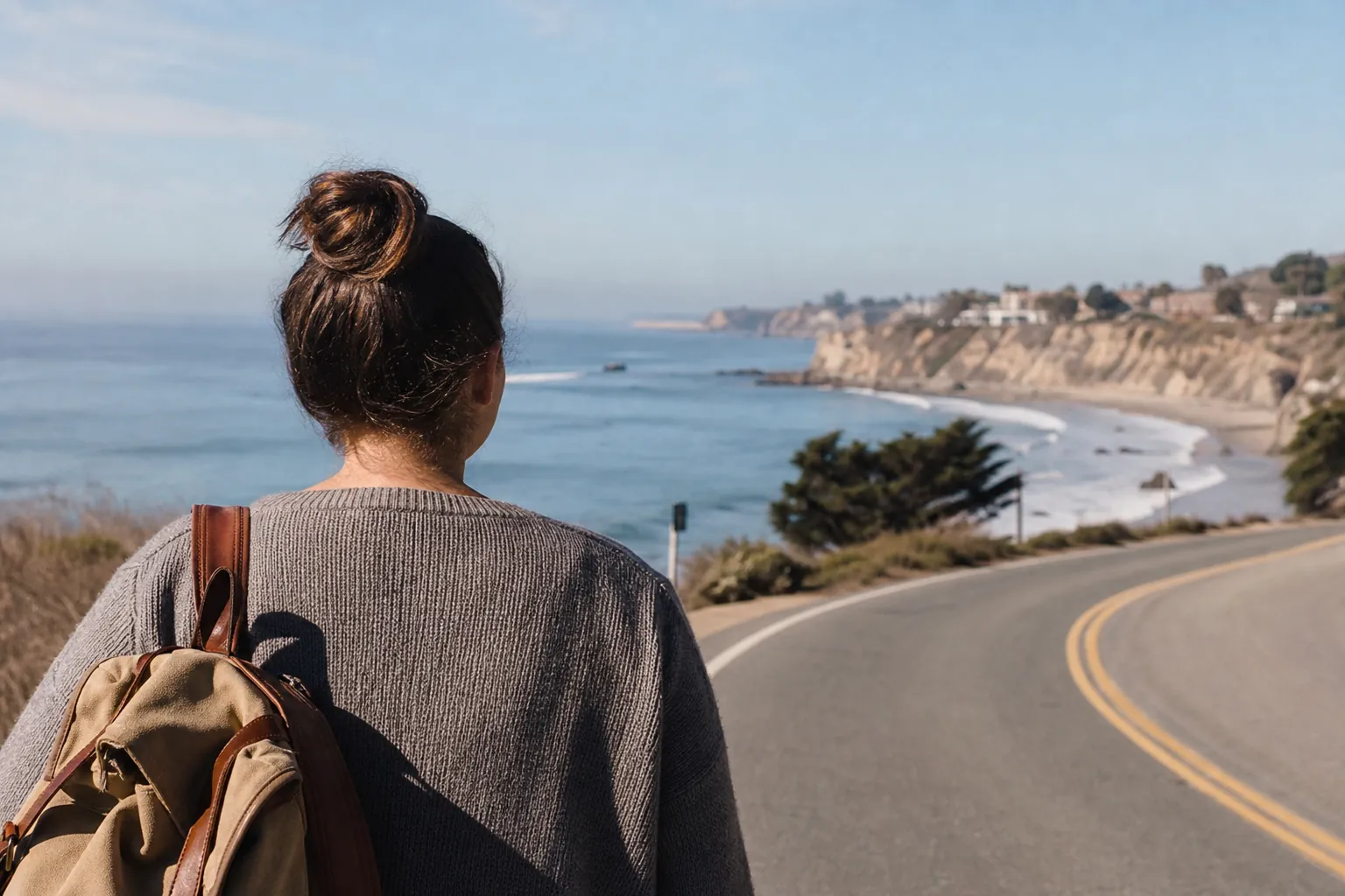 Woman with a backpack stands beside a winding coastal road overlooking the ocean and distant cliffs.