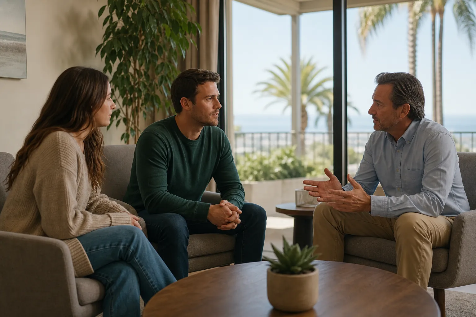 A counselor speaks with a man and woman seated in a bright lounge with palm trees visible through large windows.