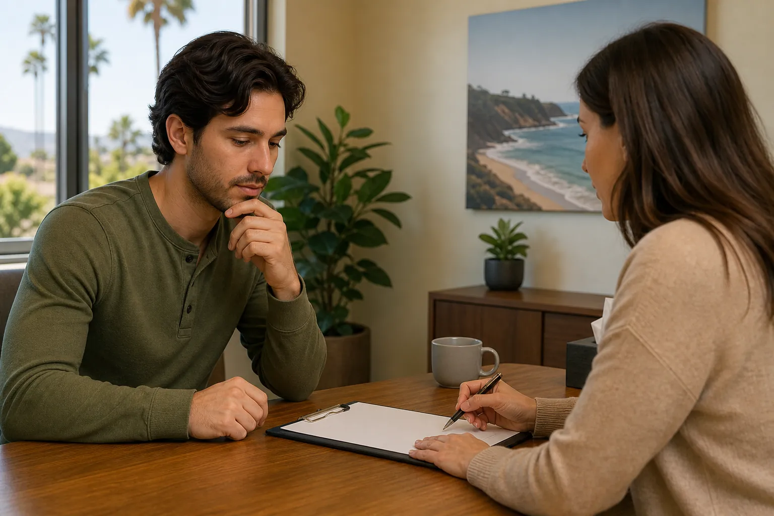 A man meets with a woman holding a pen over a blank clipboard at a table in a calm office setting.