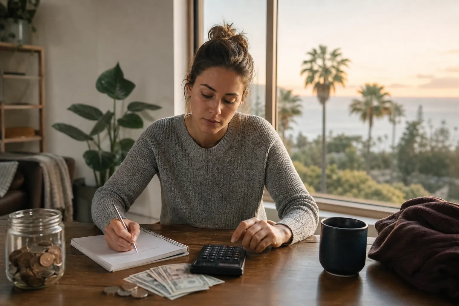 Woman writes in a notebook beside a calculator, cash, coins, and a savings jar while planning a personal budget.