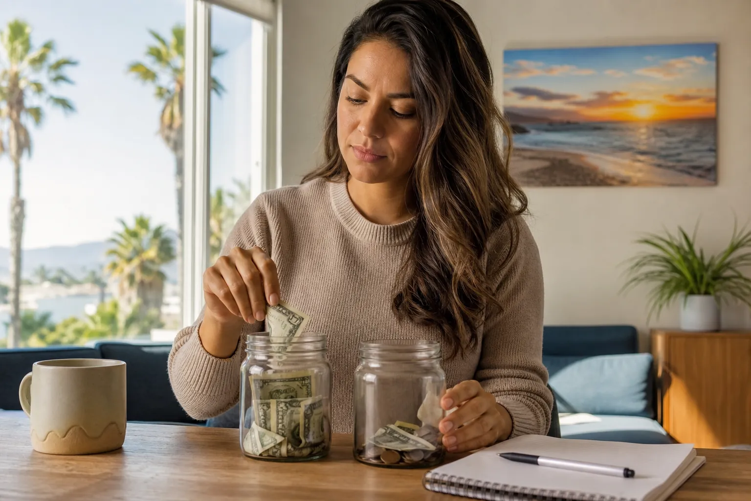 Woman sorting cash and coins into two glass jars beside a notebook, separating personal spending from other costs.