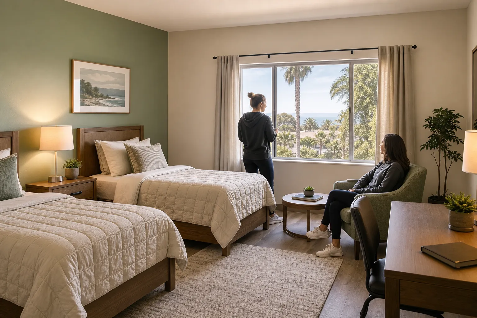 Two women in a furnished shared bedroom with twin beds, armchair, desk, and a window overlooking palm trees.