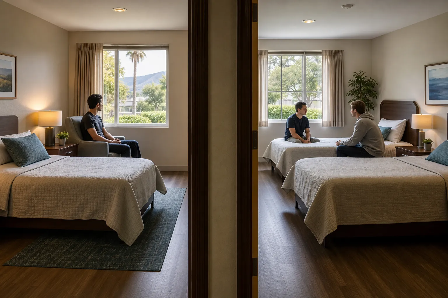 Side-by-side residential rooms show a man alone in a private room and two men talking in a shared two-bed room.