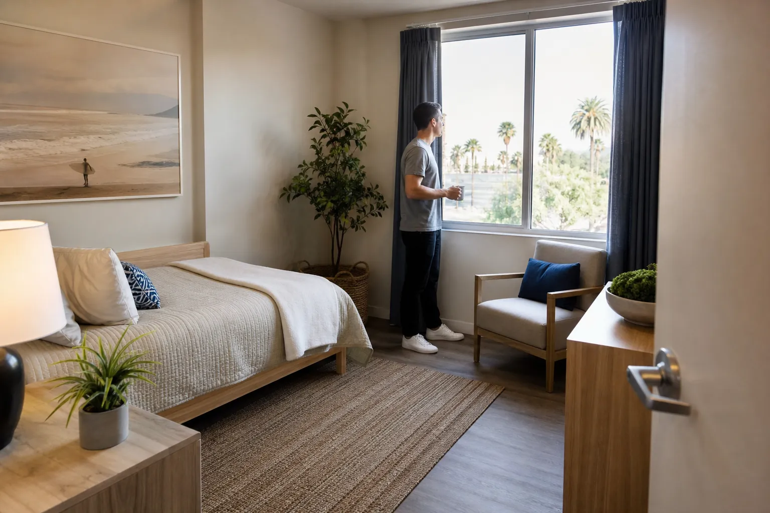 Man holding a mug by the window in a tidy private bedroom with a bed, armchair, dresser, plants, and palm trees outside.