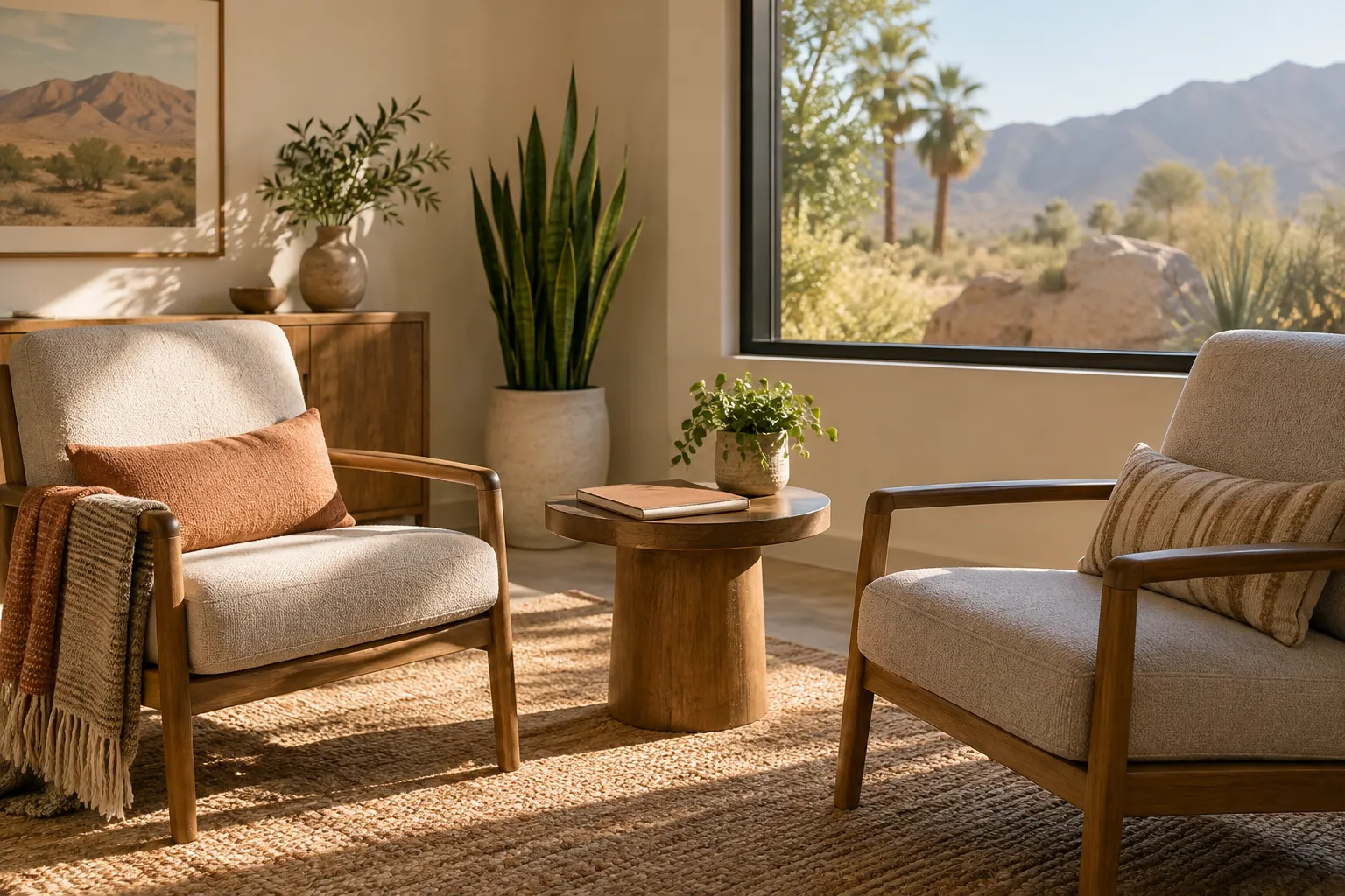 Two upholstered wooden armchairs beside a round table with a closed book and potted plant, overlooking desert mountains through a large window.