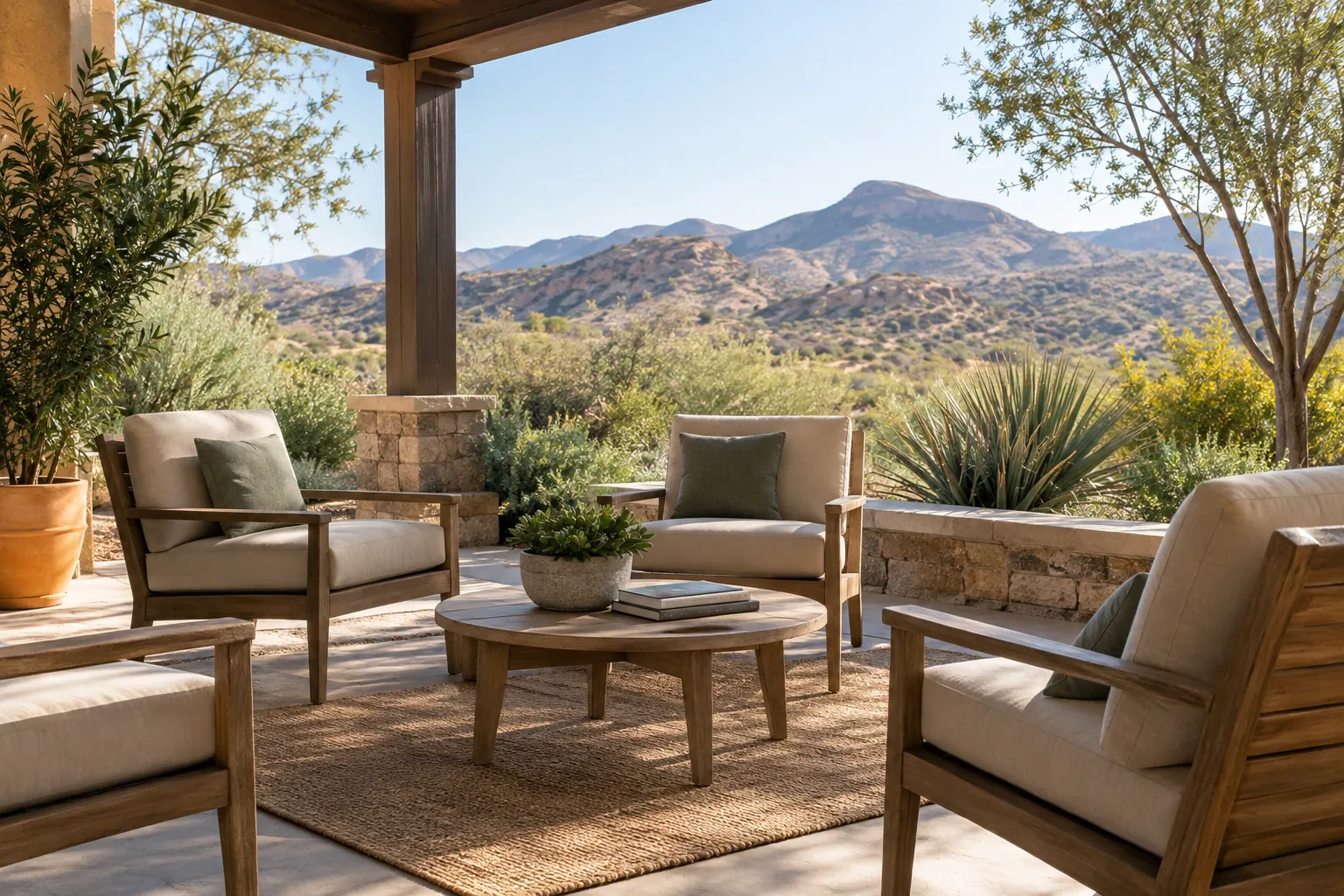 Wooden lounge chairs with beige cushions surround a round table on a covered patio overlooking desert plants and rocky mountains.