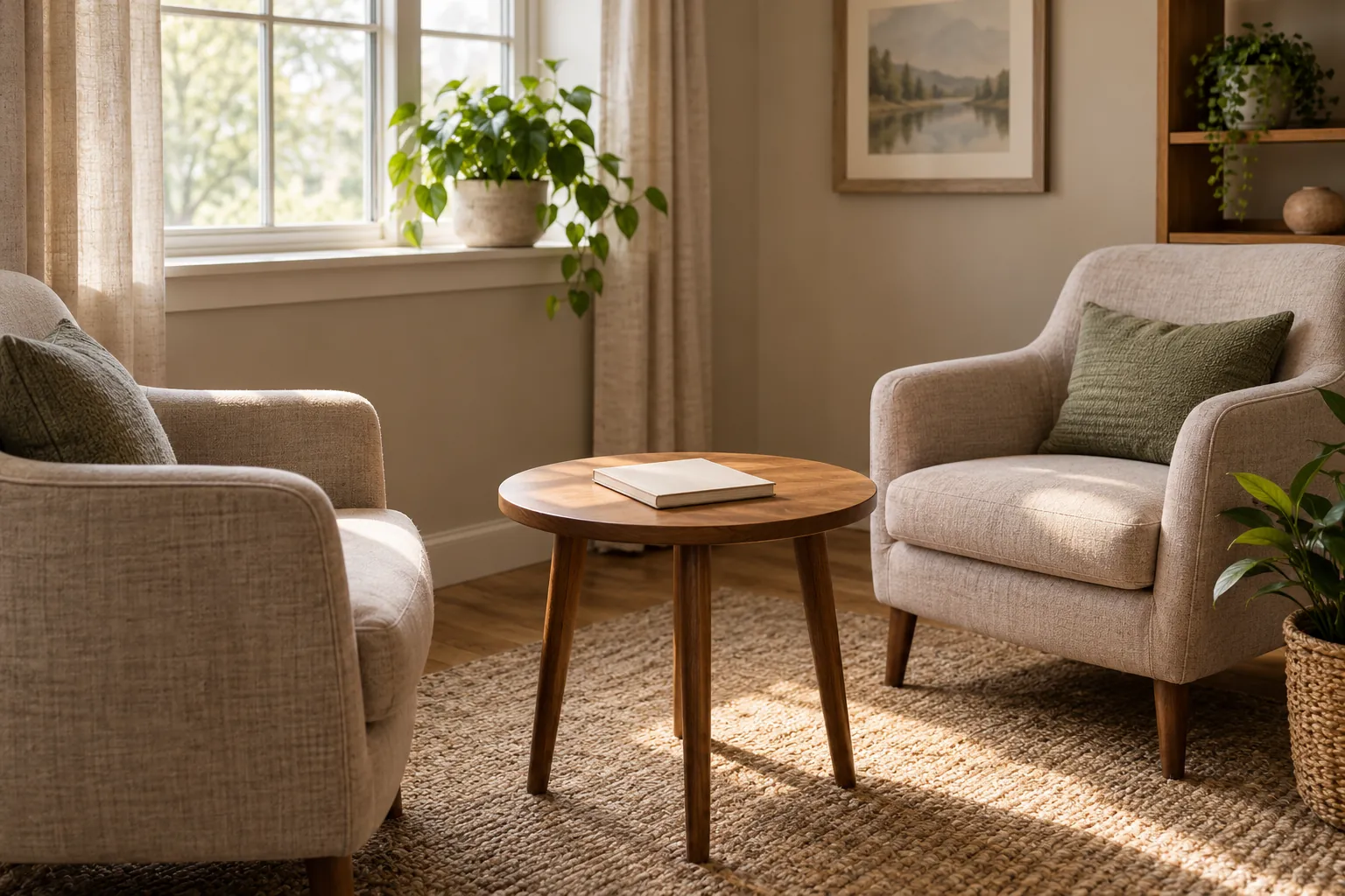 Two beige armchairs beside a round wooden table with a closed book in a sunlit room with potted plants.