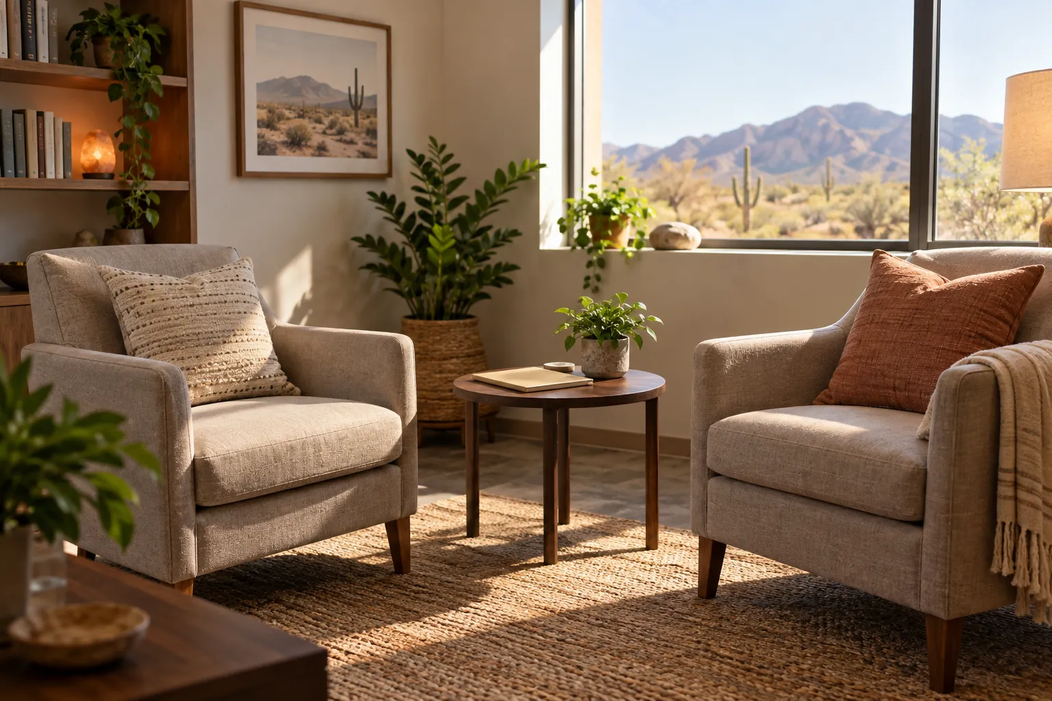 Two beige armchairs beside a round wooden table with a potted plant, overlooking desert cacti and mountains through a large window.