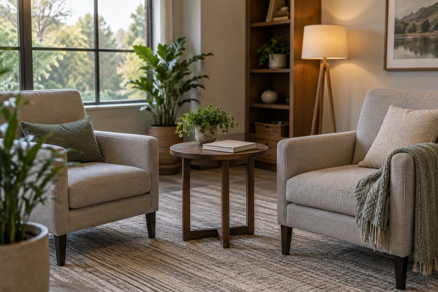 Two upholstered armchairs beside a round wooden table with a book and potted plant in a sunlit room.