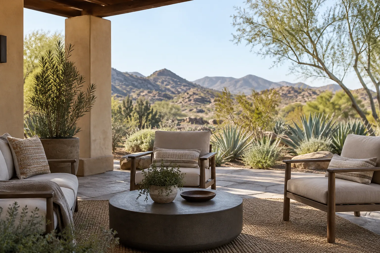 Cushioned patio seating around a round coffee table beneath a covered terrace, overlooking desert plants and rocky mountains.