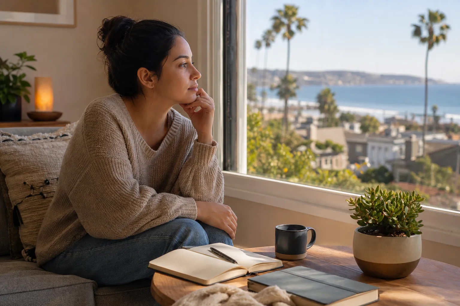 A contemplative woman sits beside a journal and mug, looking through a window toward a sunny California beach.