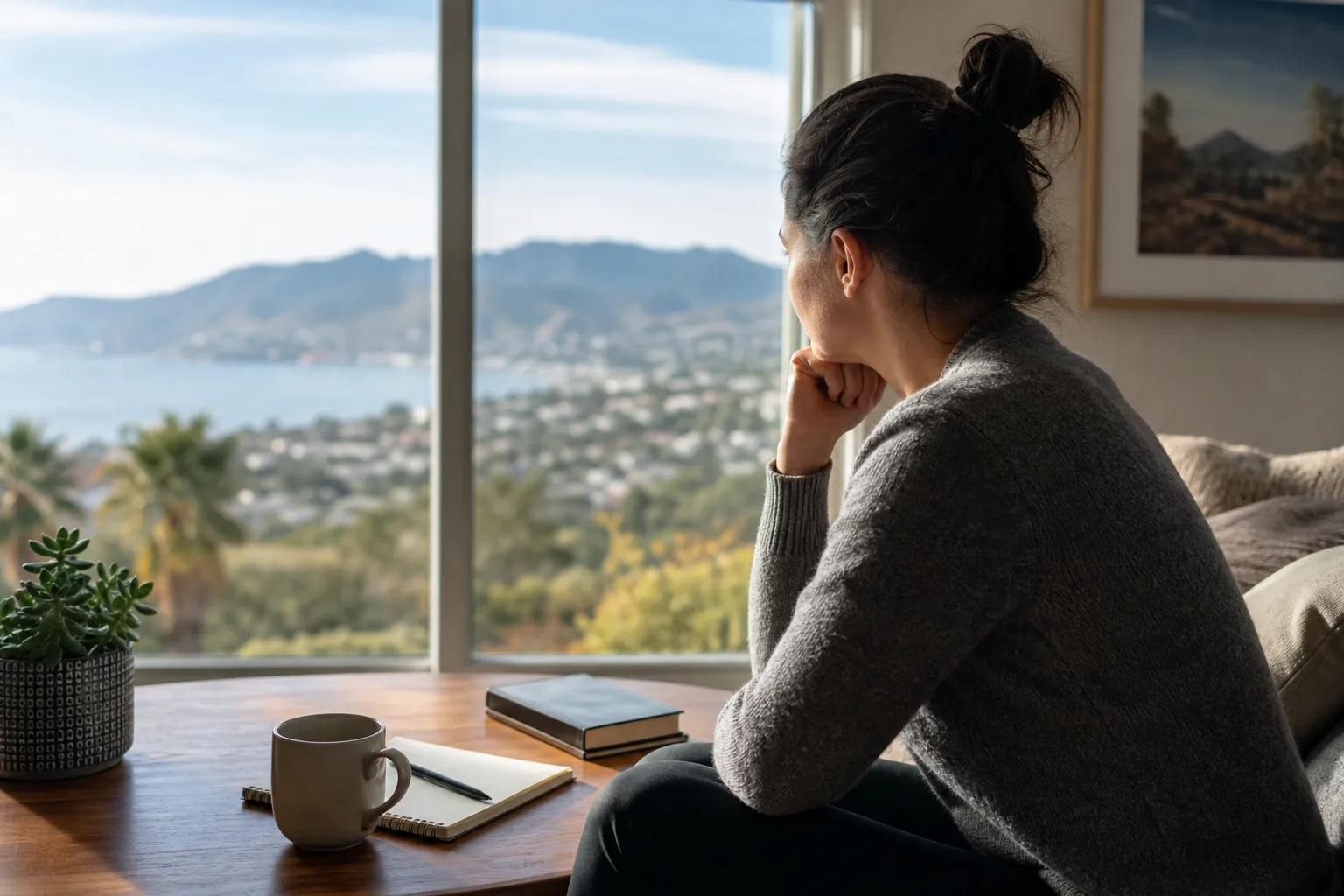 Woman seated by a window with a notebook, pen, mug, and books, looking across a sunny coastal California town.
