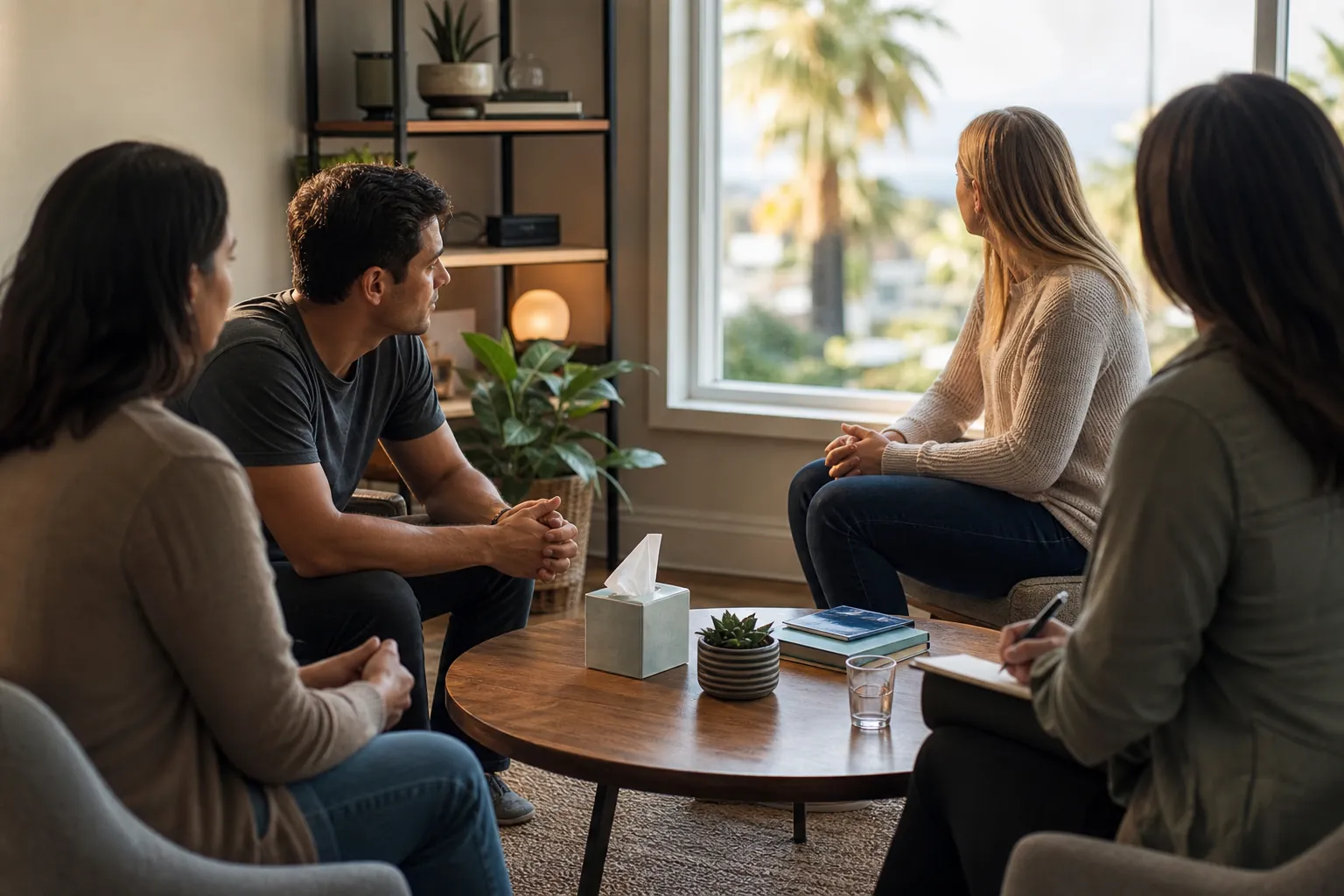 Four adults sit in a counseling group around a coffee table in a bright room overlooking palm trees.