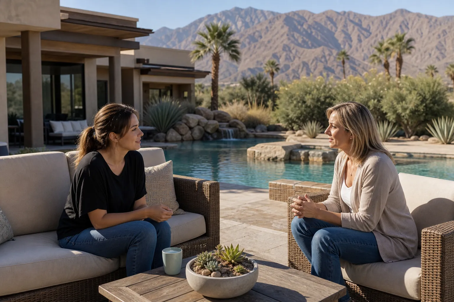 Two Women Talking on a Desert Poolside Patio Two women sit facing each other on patio sofas beside a pool, with palm trees and rugged desert mountains behind them.