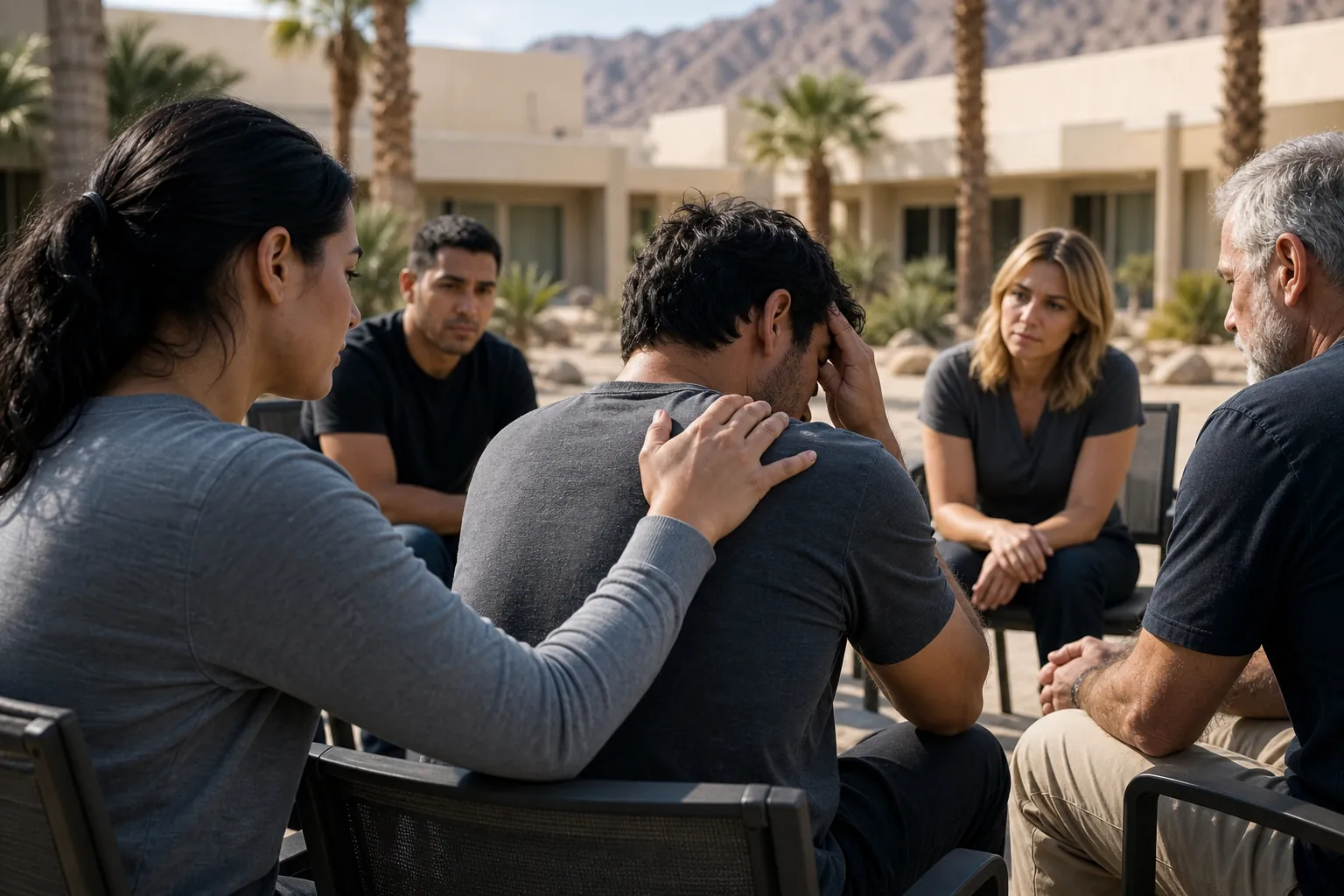 Supportive Outdoor Group Meeting in a Desert Setting A seated man holds his forehead as a woman rests a hand on his shoulder during an outdoor group meeting near palms and mountains.