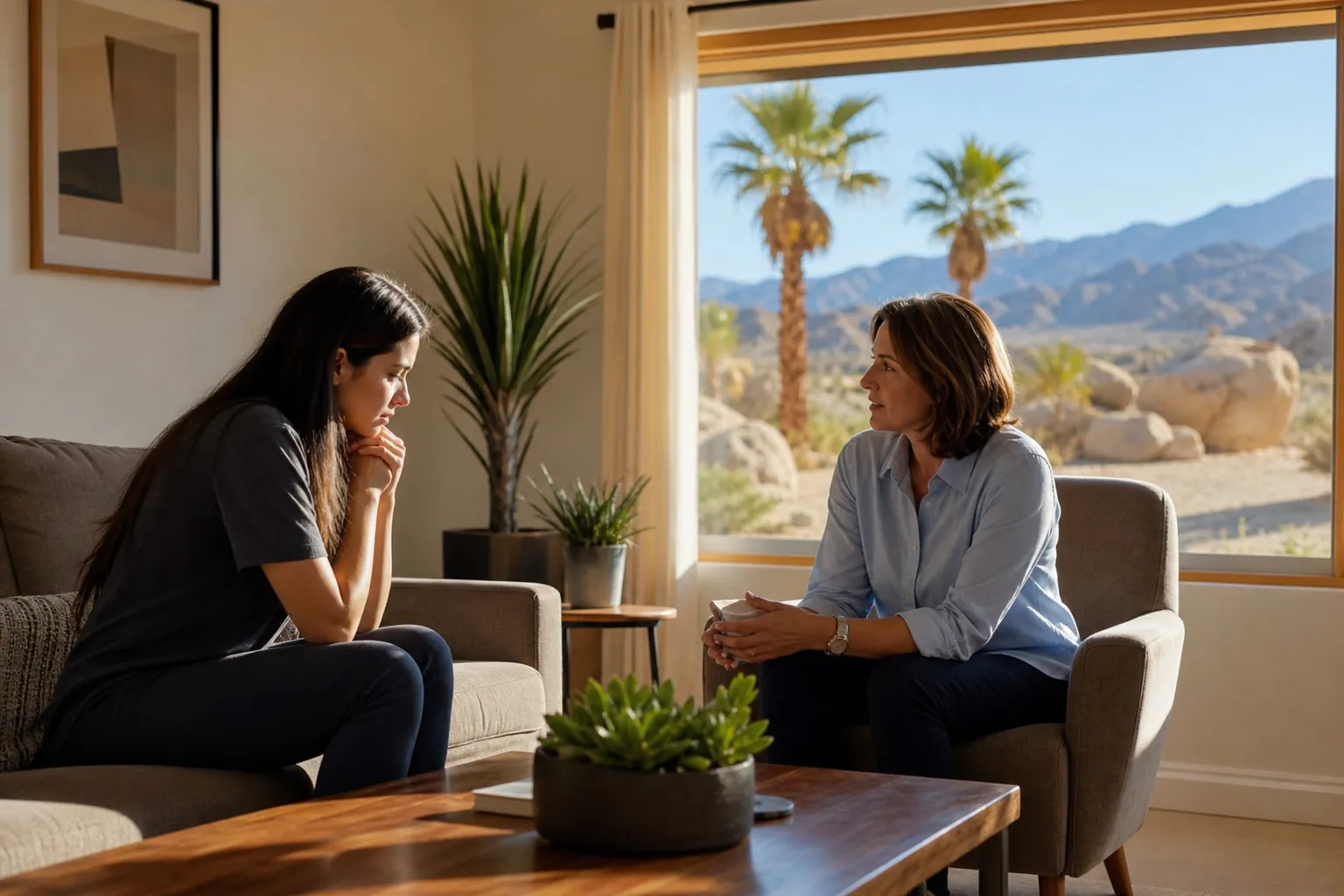 Two Women Talking in a Desert Living Room Two women sit facing each other in a sunlit living room, with palm trees and desert mountains visible through a large window.