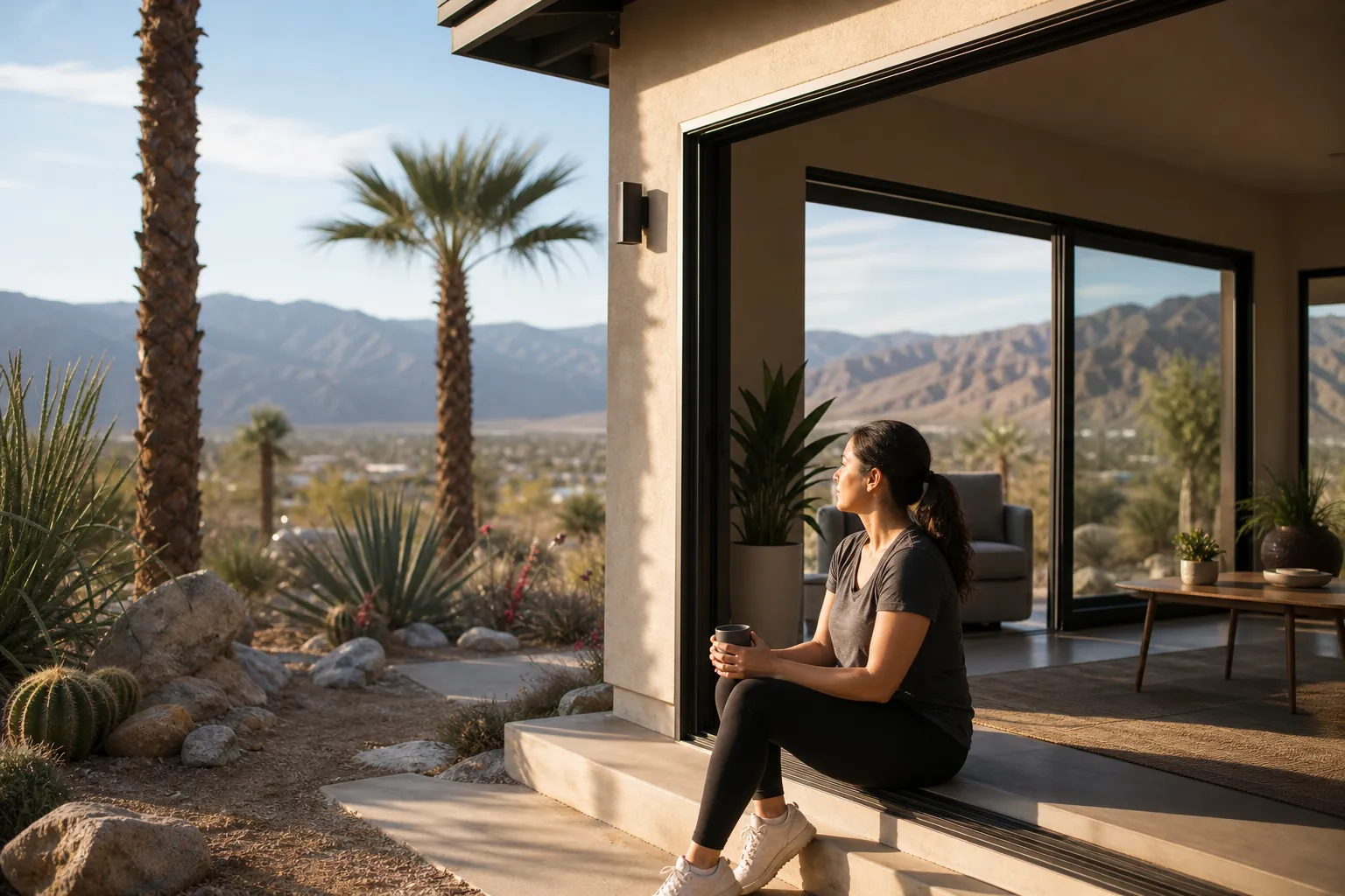 Woman Relaxing by a Desert View A woman holding a mug sits in an open doorway overlooking desert landscaping, palm trees, and distant mountains.