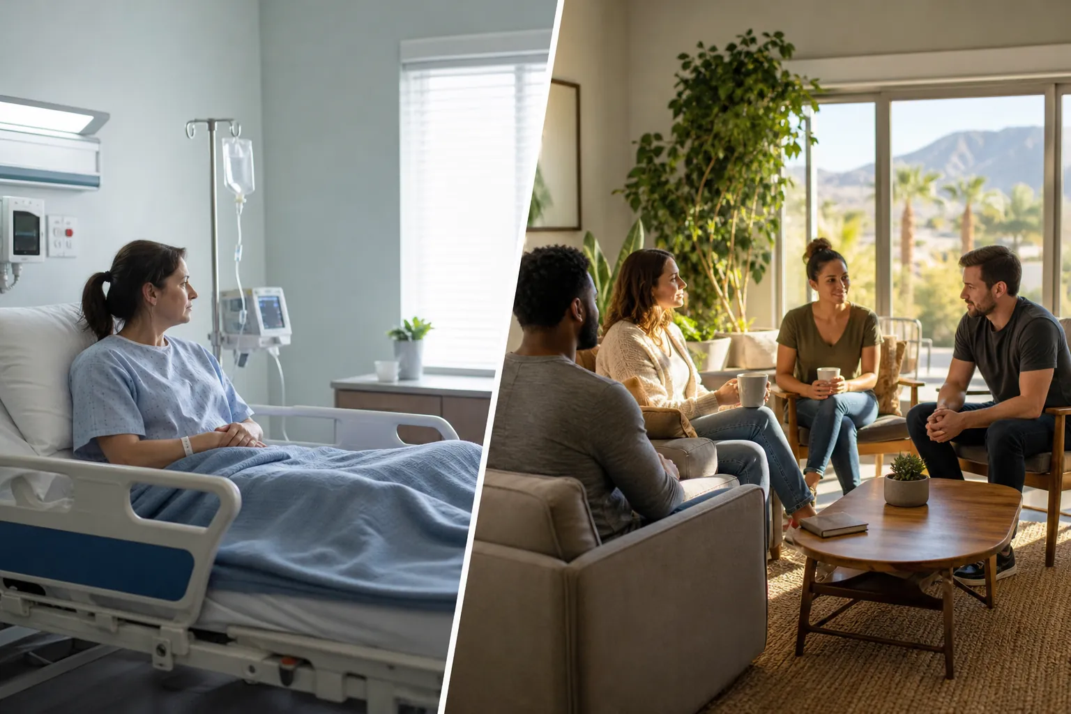 Hospital Care and Group Conversation in a Residential Lounge Split view of a woman in a hospital bed beside an IV stand and four adults talking in a sunny lounge with mountain views.